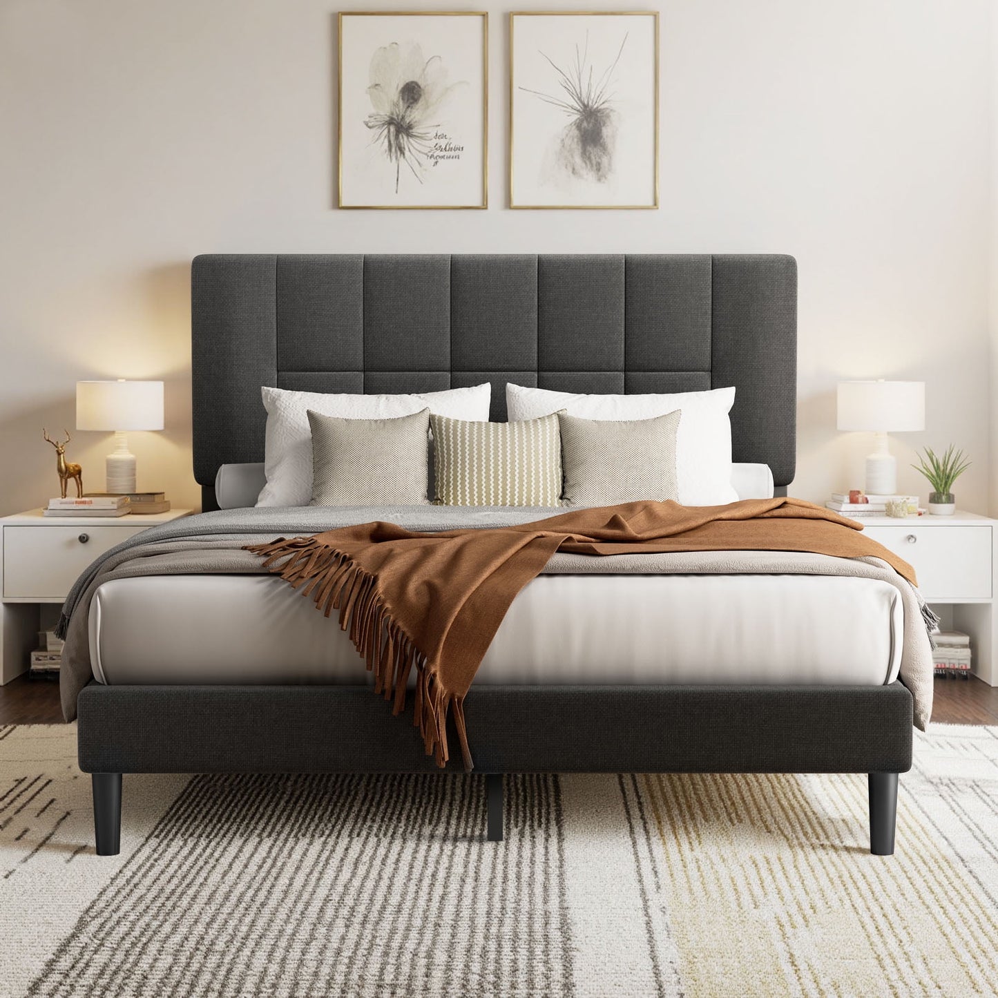 CHITOOMA Twin Bed Frame with Adjustable Headboard, Upholstered Platform Bed Frame Twin Size No Box Spring Needed, Noise-Free, Heavy Duty, Dark Grey