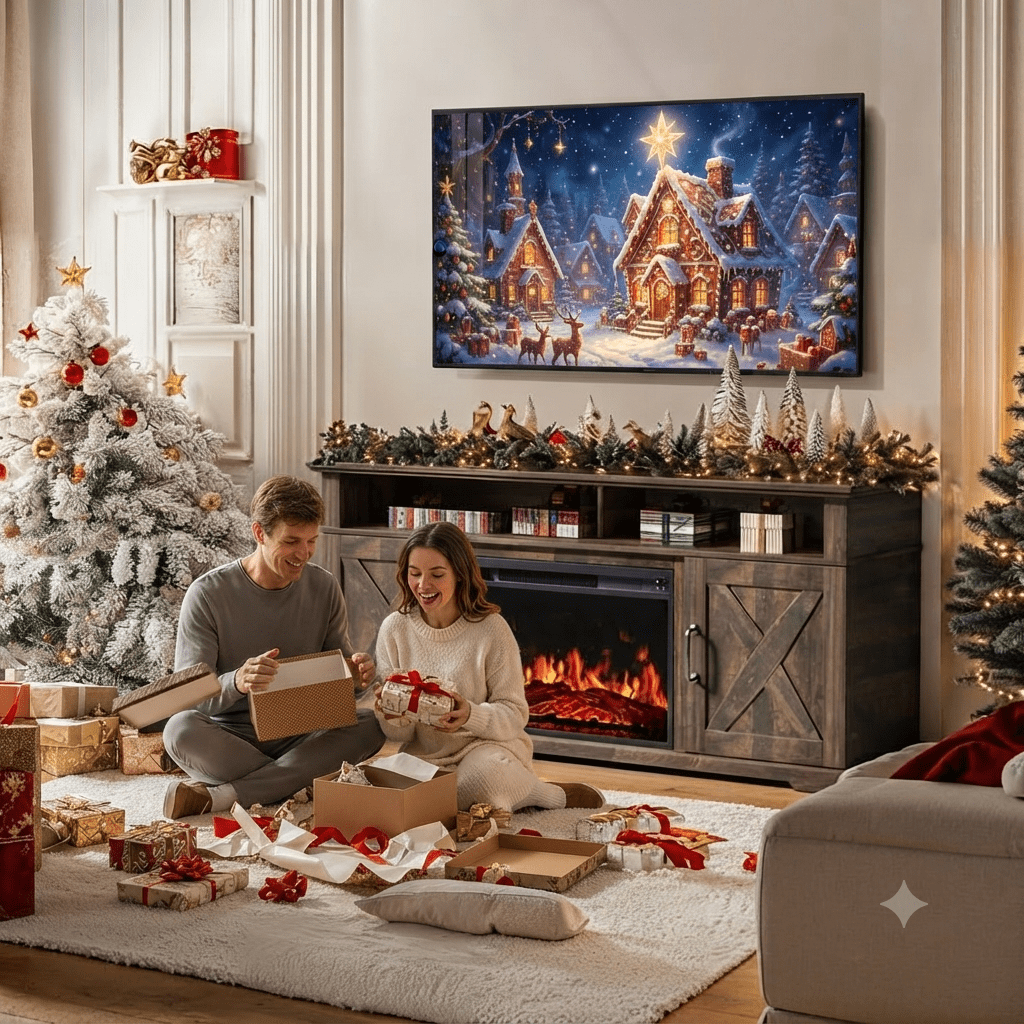 Electric Fireplace TV Stand for TVs up to 75", Farmhouse Entertainment Center with Fireplace, Vintage Brown