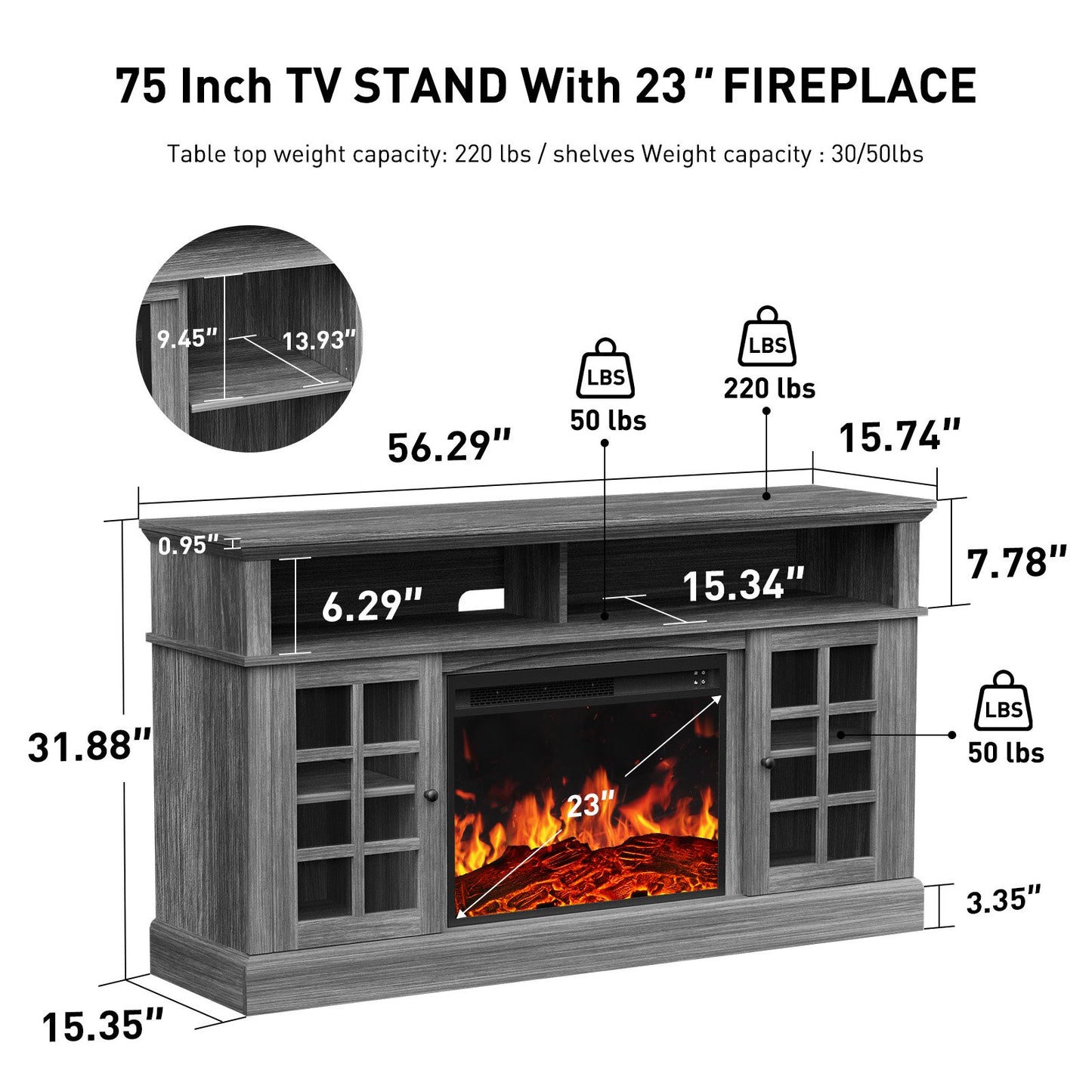 Electric Fireplace TV Stand up to 75" TVs, Farmhouse Entertainment Center with LED Light and 23" Fireplace for Living Room, Gray