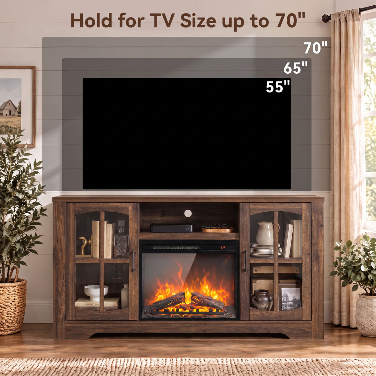 CHITOOMA Electric Fireplace TV Stand for 70" TVs with Glass Barn Doors, Farmhouse Entertainment Console with 23" Electric Fireplace, Holds up to 200 lbs, Brown