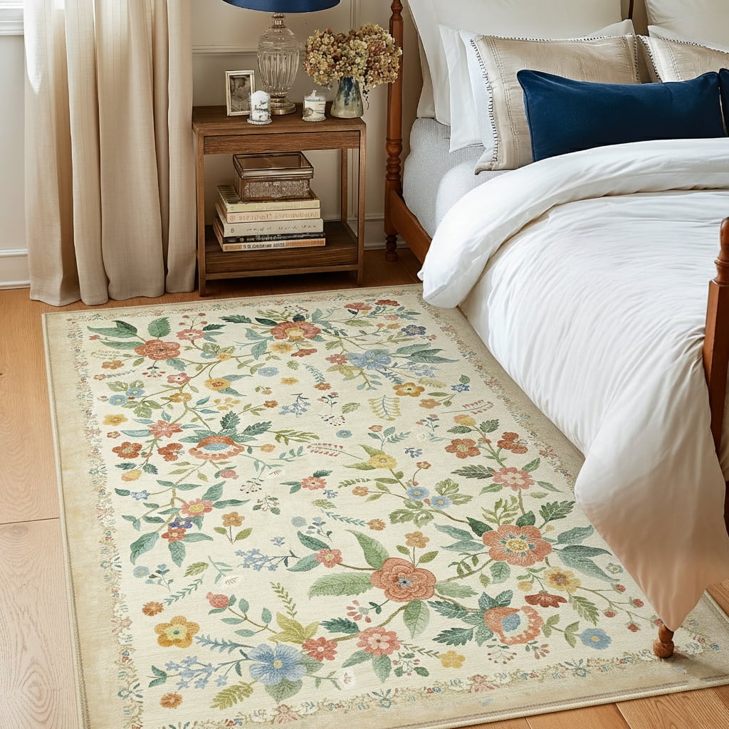 CHITOOMA 3'x5' Area Rugs for Living Room, Modern Floral Area Rugs Machine Washable Rugs, Botanical Indoor Carpet Soft Rugs for Bedroom Dining Room Dorm Office, Beige