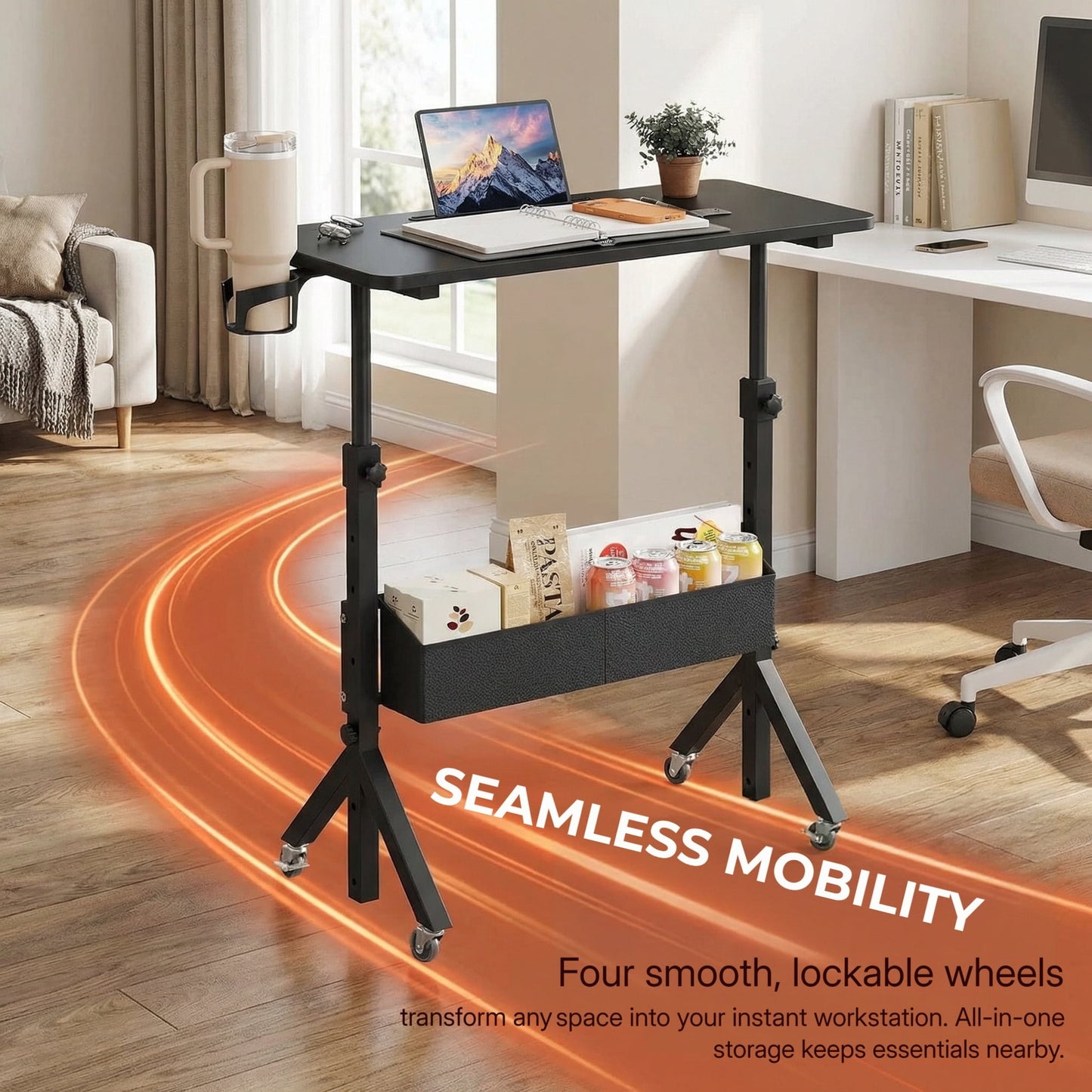 CHITOOMA Mobile Standing Desk with Wheels & Storage, Adjustable Height Rolling Laptop Cart with Cup Holder, Fits Treadmills, Black, 31.5" x 15.75"