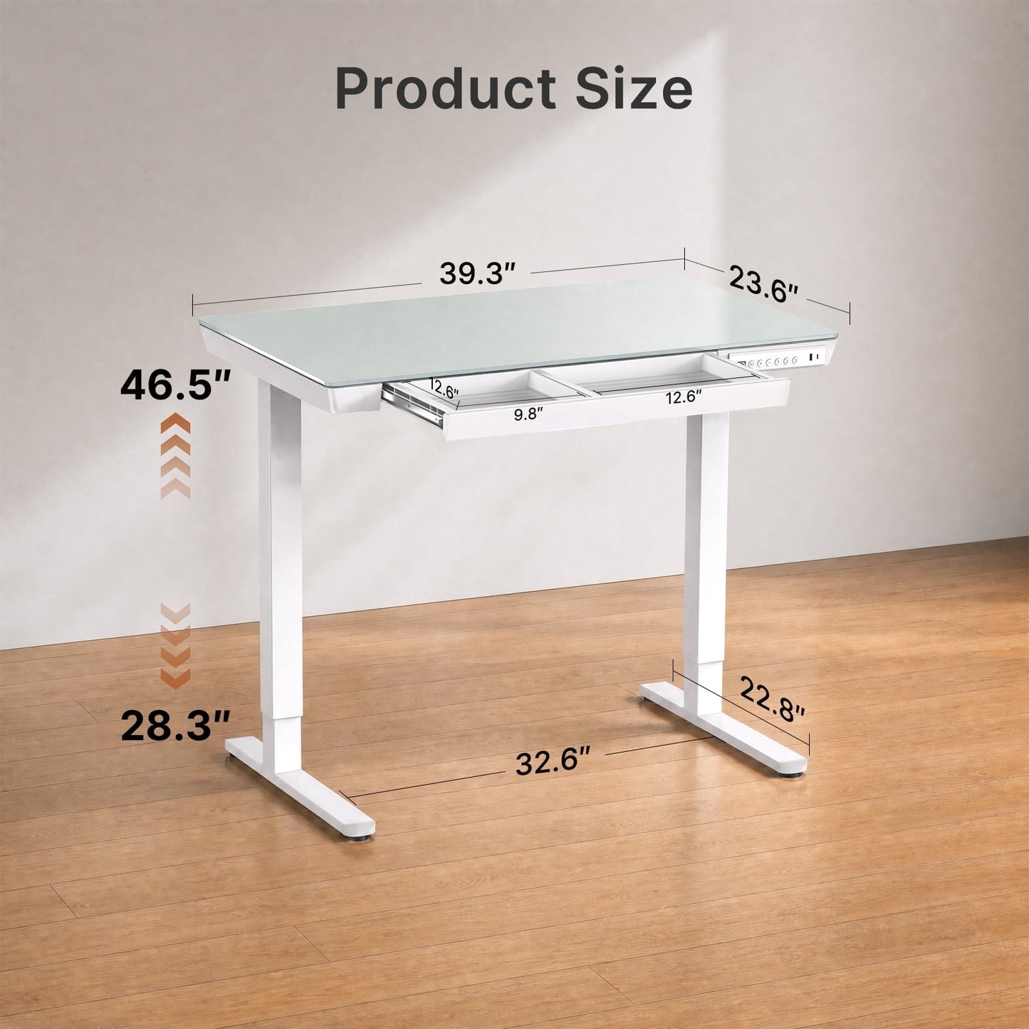 CHITOOMA Glass Top Electric Standing Desk with Drawer, 48'' x 24'' Electric Height Adjustable Desk with USB Charging Ports, Sit Stand up for Home Office