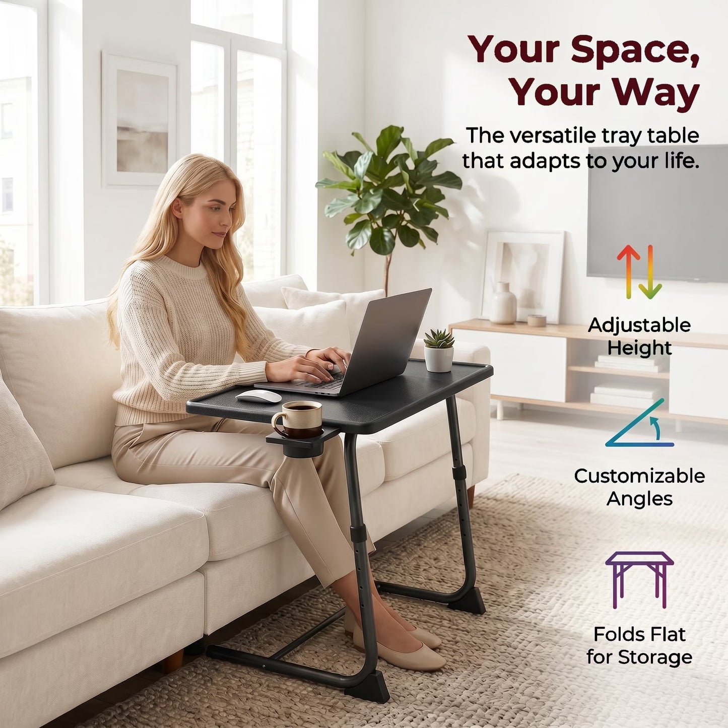 PERLESMITH Adjustable Height TV Tray, Folding Table Trays with Cup Holder, 6 Height & 3 Tilt Angle for Couch, Sofa and Bed, Black