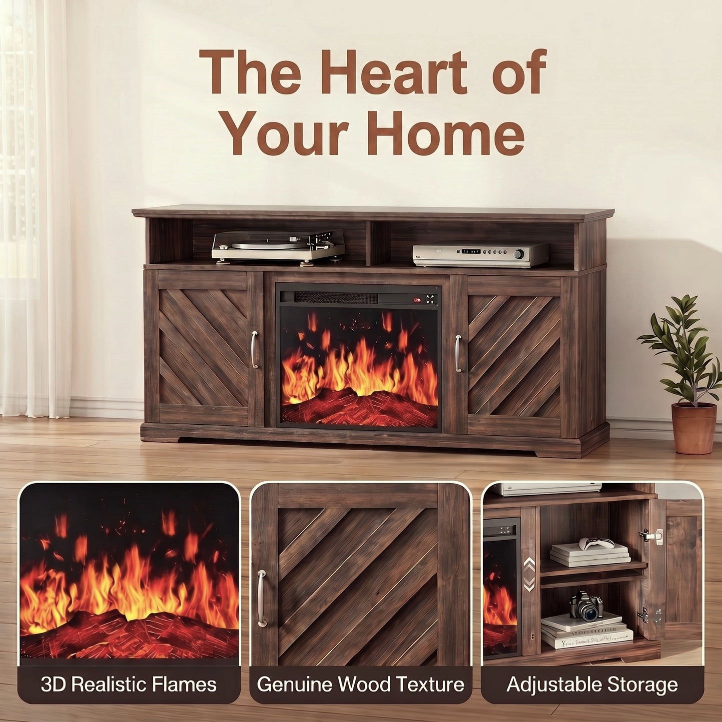 CHITOOMA Electric Fireplace TV Stand for 65 70 75 inch TV with Remote Control, Farmhouse Entertainment Center with 23″ Fireplace for Living Room, Bedroom,Vintage Brown