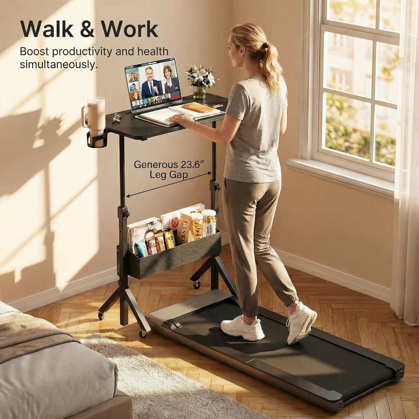 CHITOOMA Mobile Standing Desk with Wheels & Storage, Adjustable Height Rolling Laptop Cart with Cup Holder, Fits Treadmills, Black, 31.5" x 15.75"