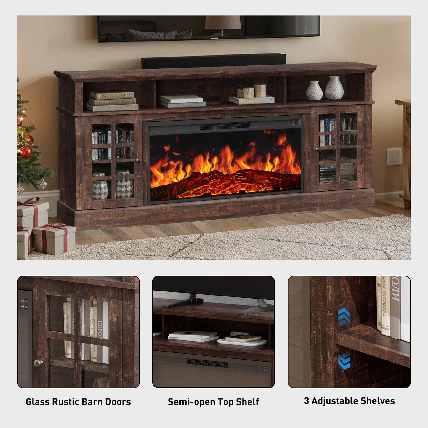 Electric Fireplace TV Stand up to 85" TVs, Farmhouse Entertainment Center wiht 36" Fireplace for Living Room, Vintage Brown
