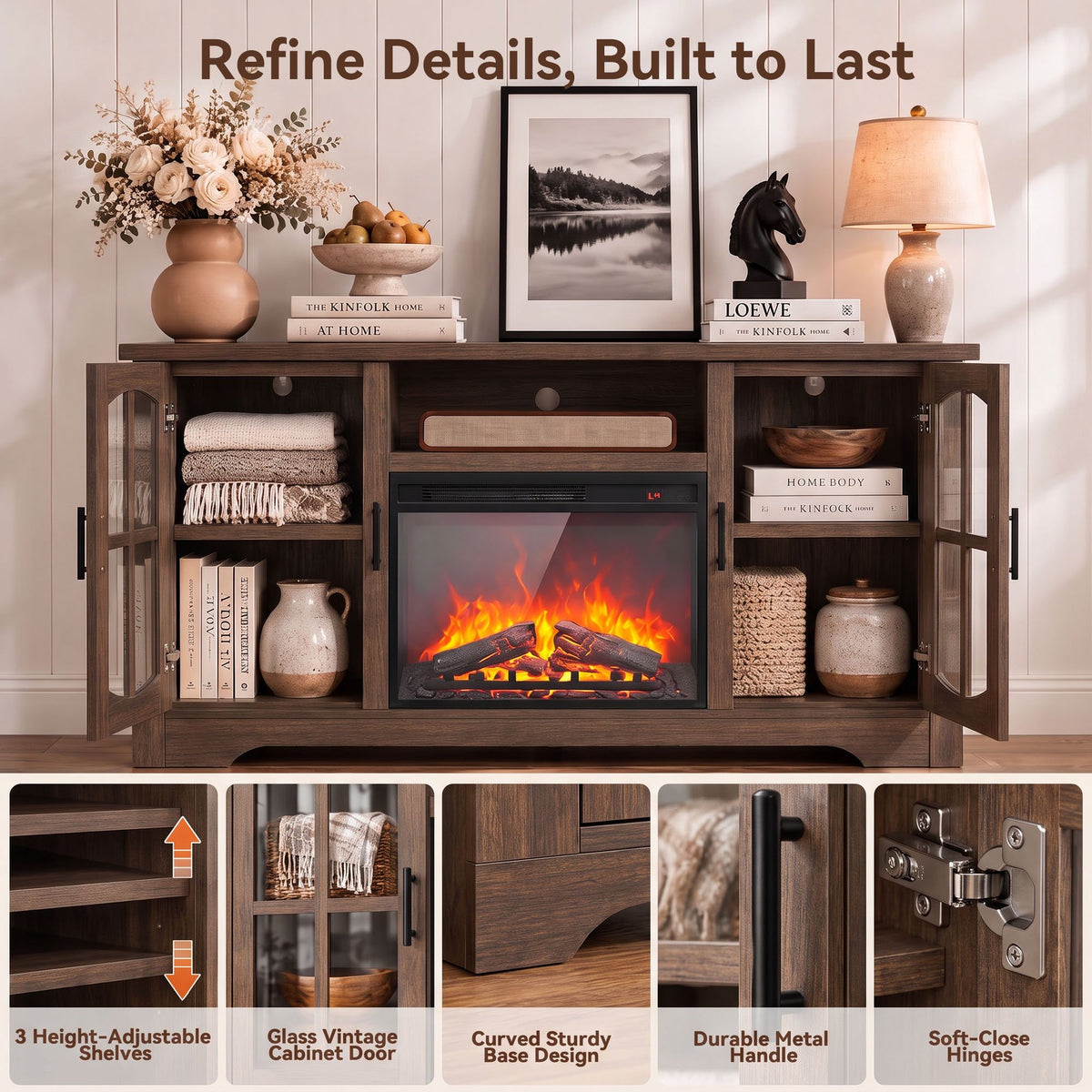 CHITOOMA Electric Fireplace TV Stand for 70" TVs with Glass Barn Doors, Farmhouse Entertainment Console with 23" Electric Fireplace, Holds up to 200 lbs, Brown