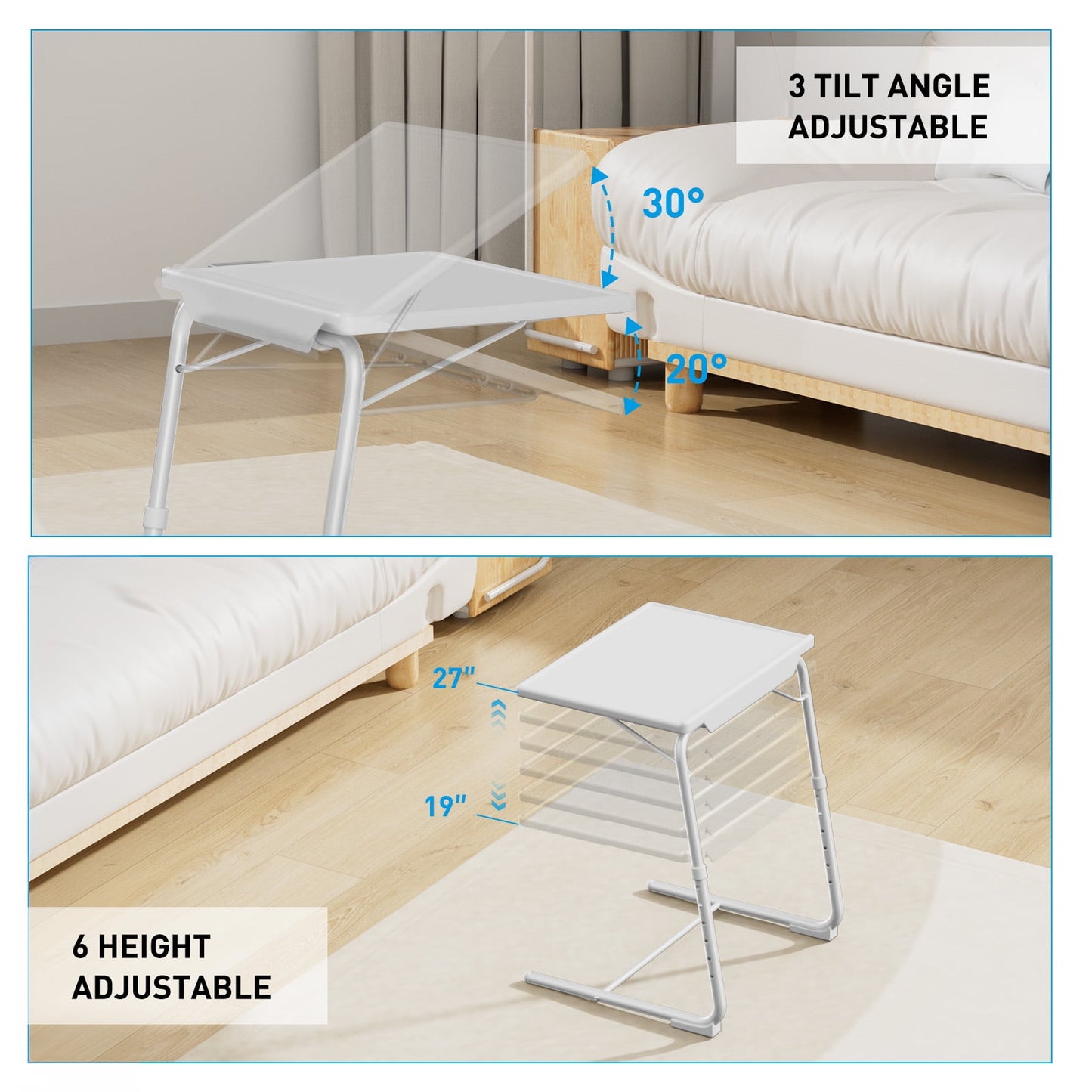 CHITOOMA TV Tray with Cup Holders, Portable C-Shaped Side Dinner Tray Table, Adjustable 6 Heights & 3 Tilt Angle for Living Room, Bedroom, White