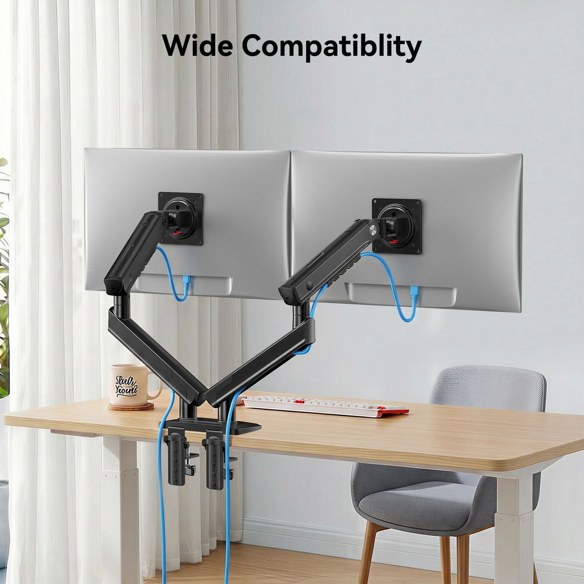 Kyspho FlowLift™ Dual Monitor Mount Stand for 13-32 inch Screens,Tool-Free Mount with MechaSpring,Full Motion Heavy Duty Visual Adjustment Arm Desk Mount, Max 100x100mm,Holds to 19.8 lbs per Monitor