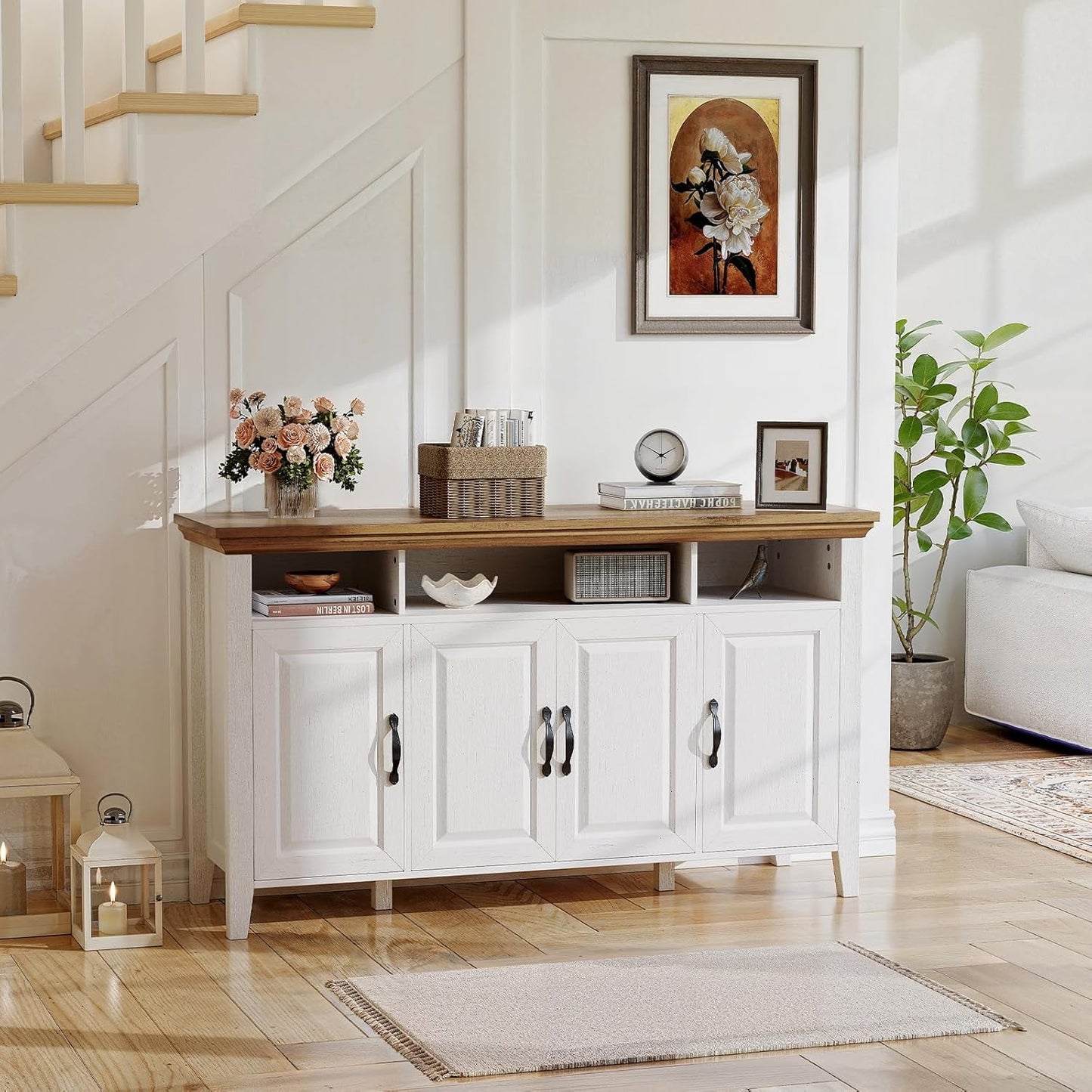 CHITOOMA 55" Sideboard Buffet Cabinet with Adjustable Shelves & 4 Doors, Modern Farmhouse Coffee Bar Cabinet for Kitchen Dinning Room, White & Brown
