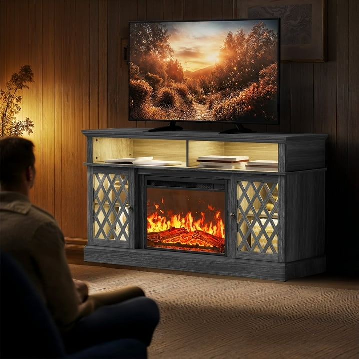 Farmhouse Fireplace TV Stand for 75 inch with LED Light, Adjustable Storage Shelves, Glass Doors, Media Entertainment Center with Fireplace for Living Room, Bedroom, Gray