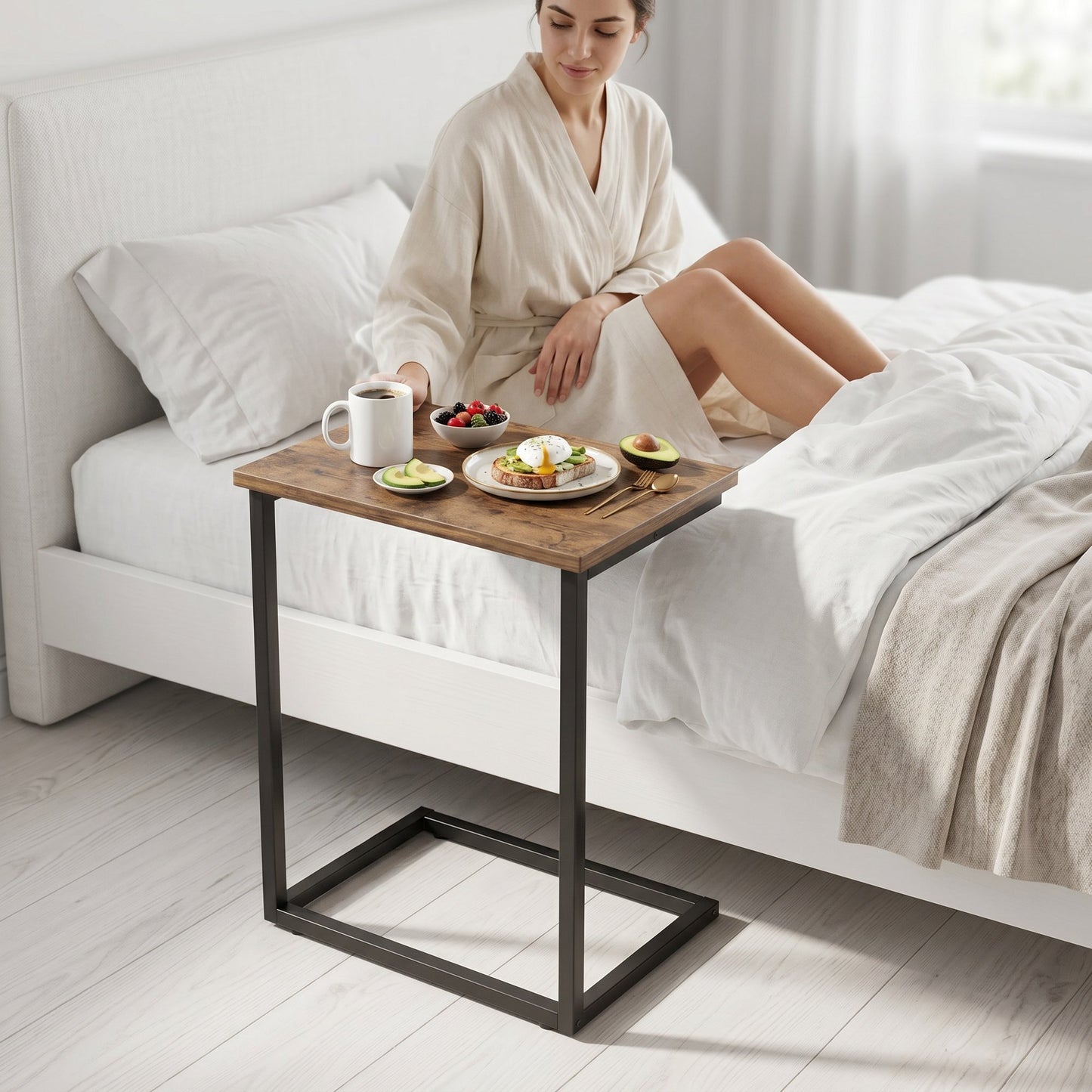 C Shaped End Table 2pcs, Side Table for Sofa,Modern C-Table for Livingroom,Bedroom,Brown