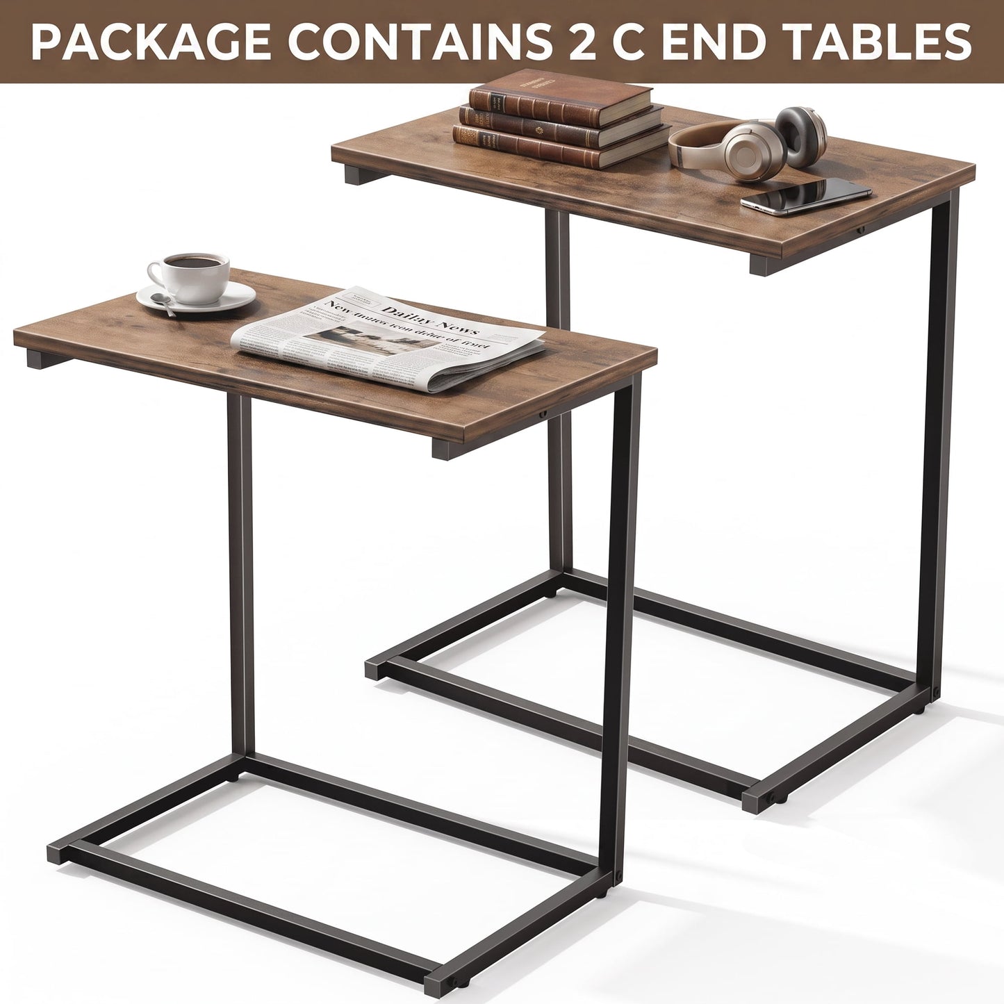 2 PCS C Shaped Sofa Side End Table，Side Table TV Tray Table for Sofa,Couch Table with metal frame for livingroom,Bedroom,Rustic Brown