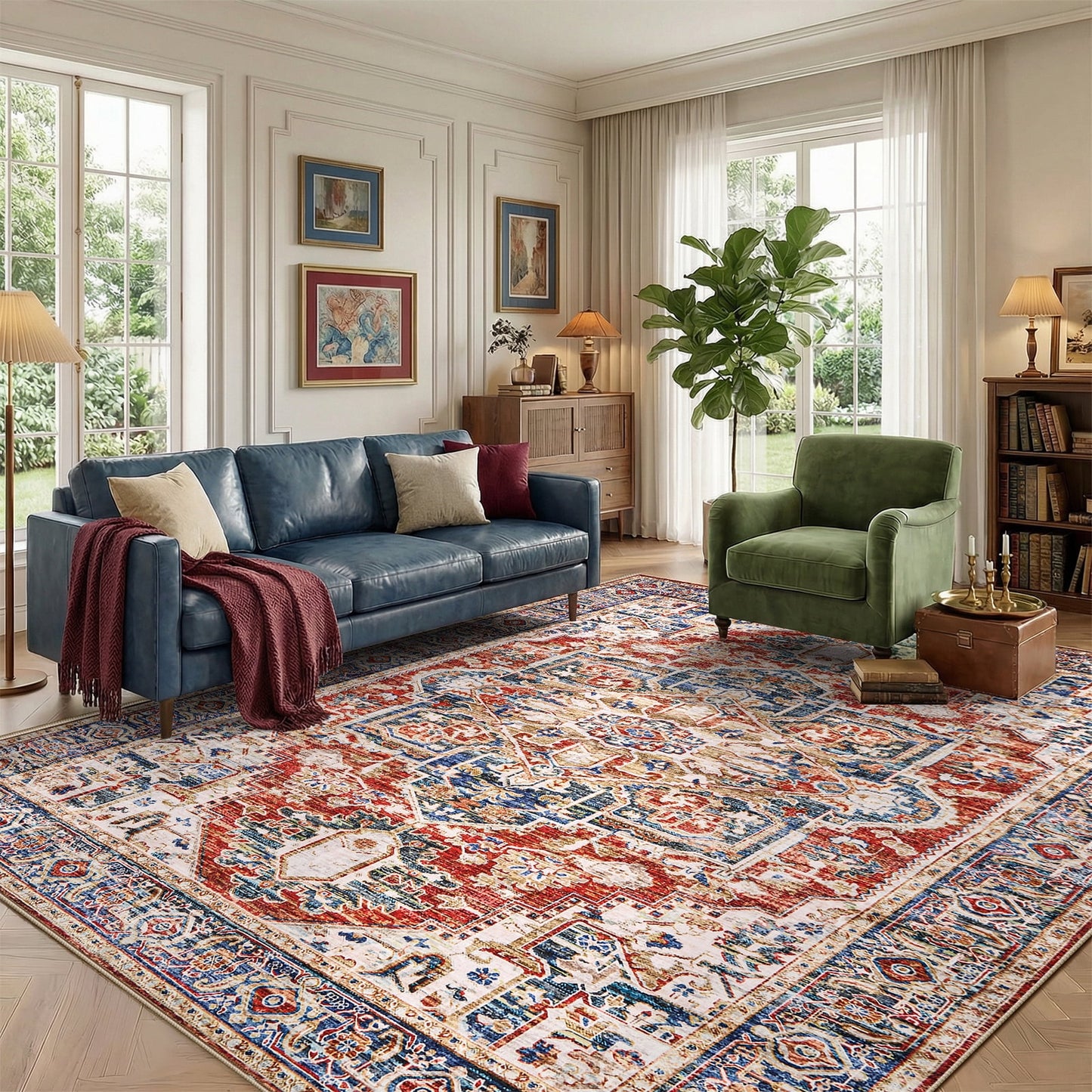 5'x7' Boho Area Rugs for Living Room, Machine Washable Area Rug with Non-Slip Backing, Stain Resistant Non-Shed Carpet for Bedroom, Dining Room, Dorm, Office