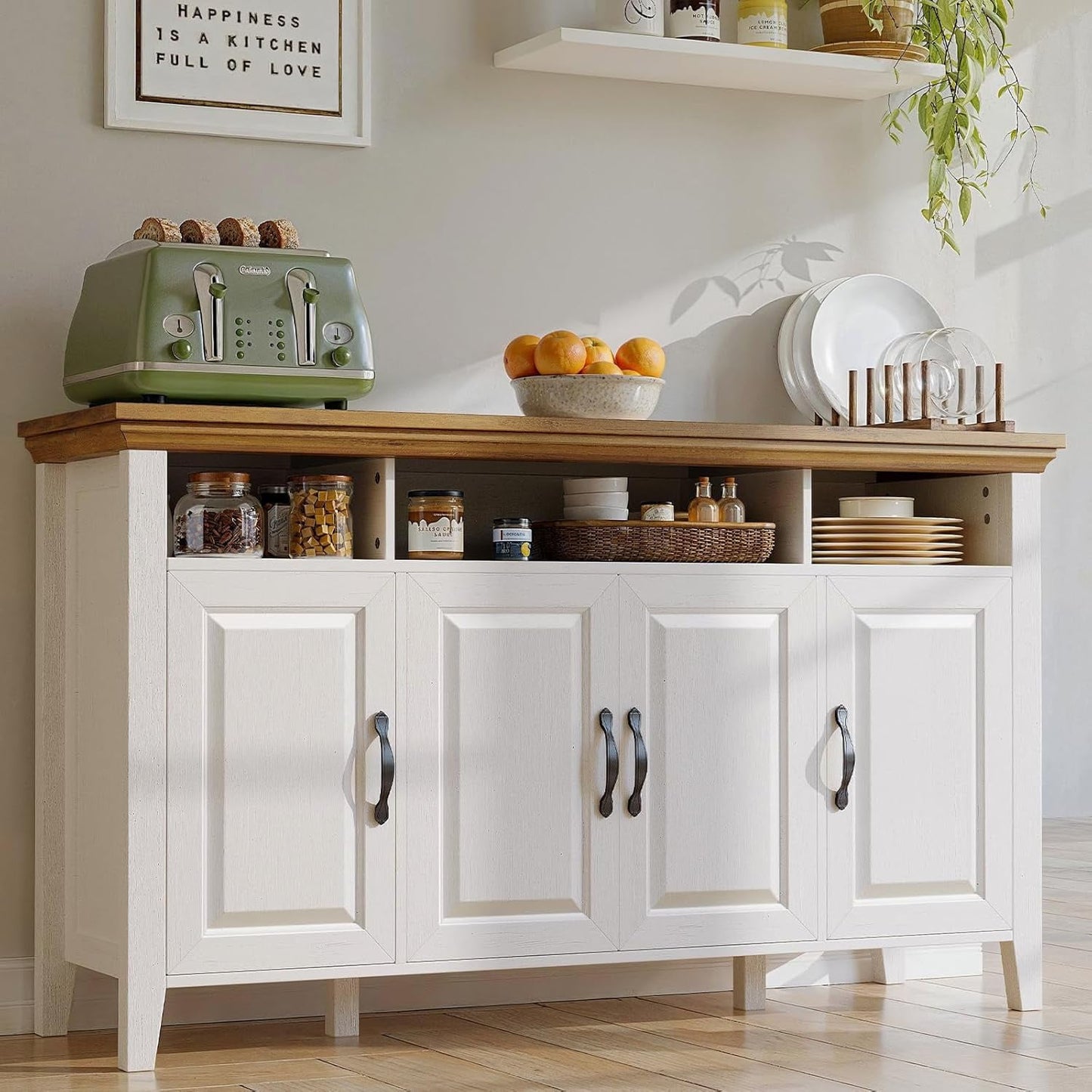 CHITOOMA 55" Sideboard Buffet Cabinet with Adjustable Shelves & 4 Doors, Modern Farmhouse Coffee Bar Cabinet for Kitchen Dinning Room, White & Brown