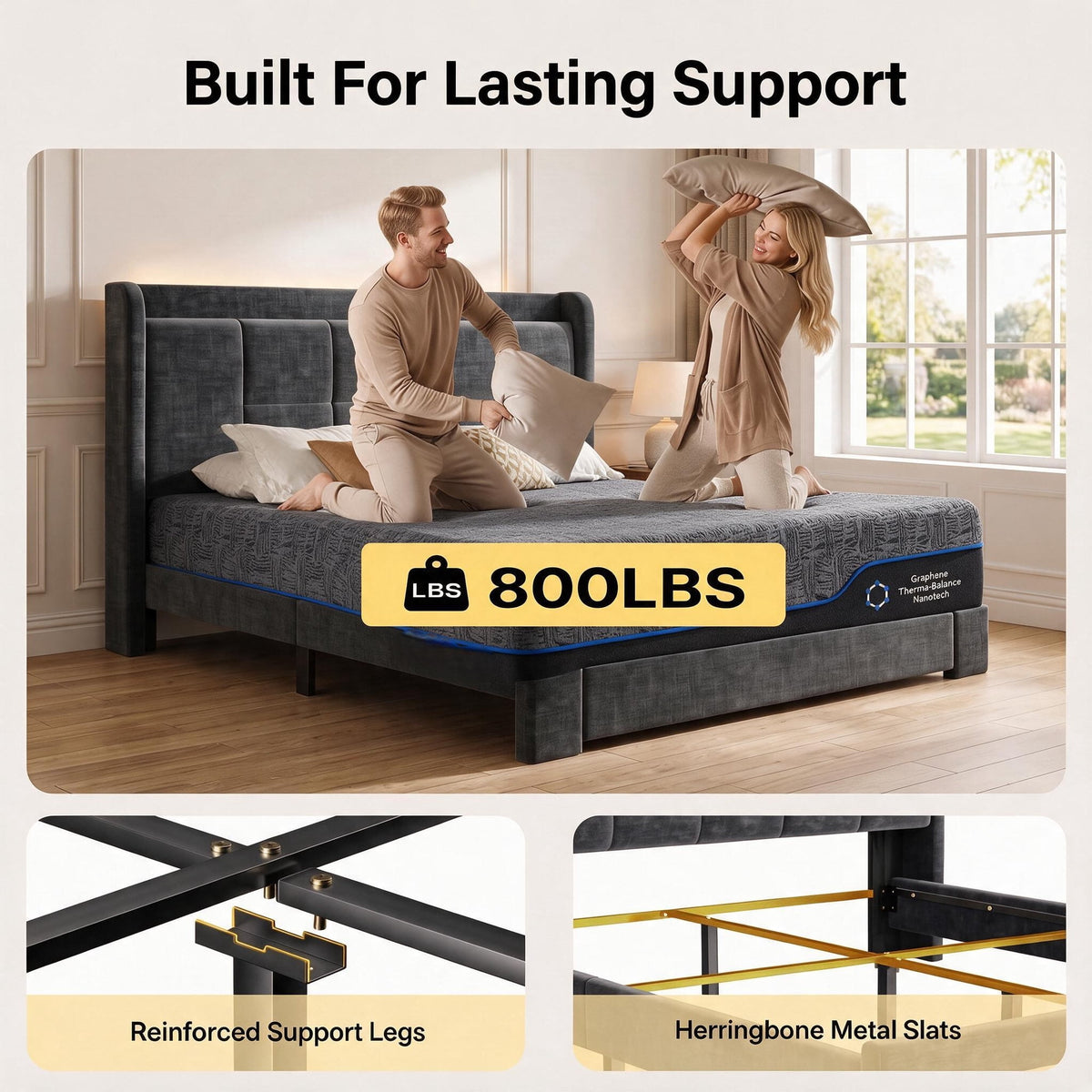 CHITOOMA 2 Piece Bedroom Furniture Set,Queen Bed Frame & 12" Memory Foam Mattress,Upholstered Platform Bed with Storage Drawers,RGB LED Headboard,Charging Station,Gray