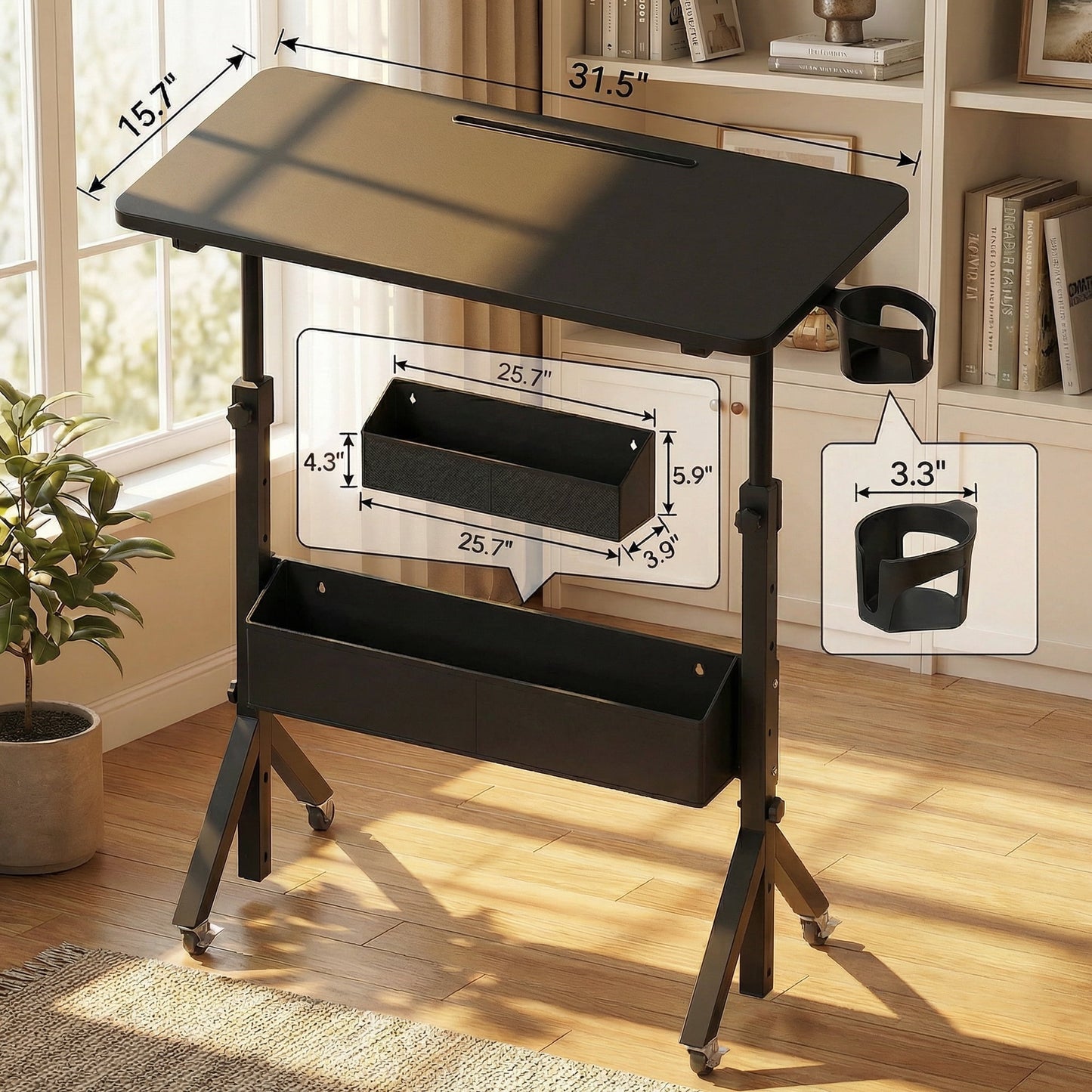 CHITOOMA Mobile Standing Desk with Wheels & Storage, Adjustable Height Rolling Laptop Cart with Cup Holder, Fits Treadmills, Black, 31.5" x 15.75"