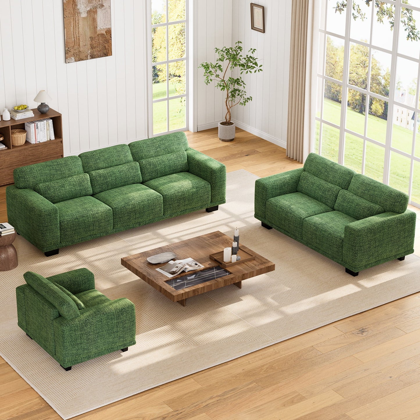 CHITOOMA 65" Loveseat Sofa for Living Room, Comfy Linen Couch with 2 Pillows, Deep Seats, Wide Armrests, Removable Covers & Sturdy Steel Frame, Green