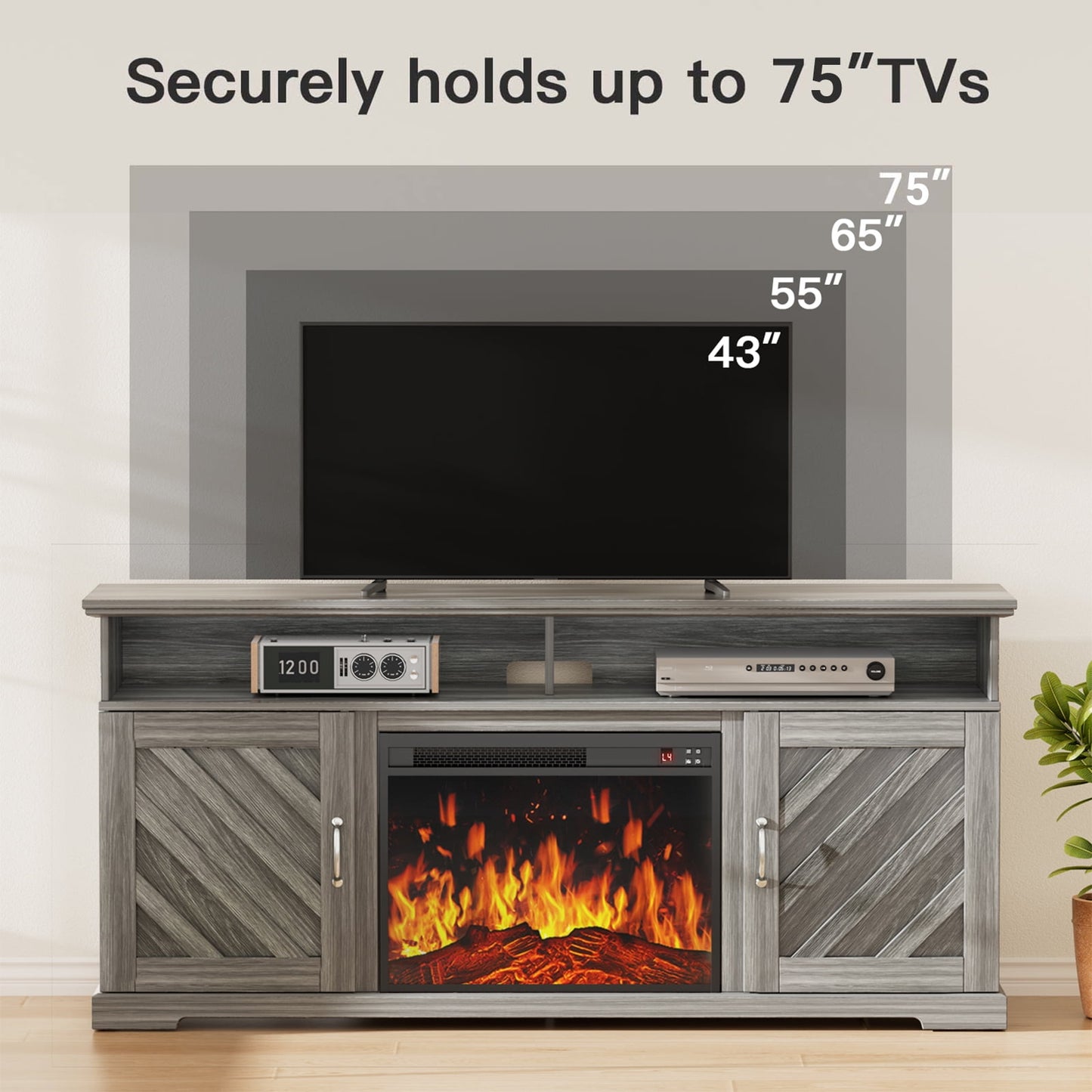 CHITOOMA Electric Fireplace TV Stand for 65 70 75 inch TV with Remote Control, Farmhouse Entertainment Center with 23″ Fireplace for Living Room, Bedroom,Gray