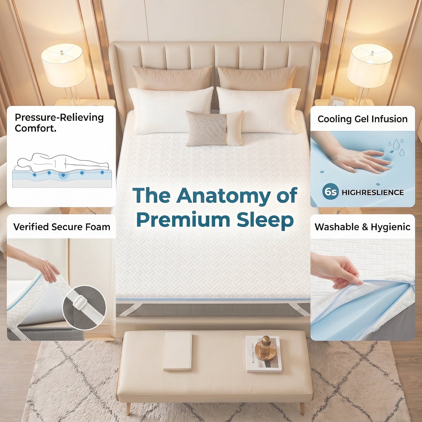 3 inch Non-Slip Design Gel Memory Foam Mattress Topper with Removable & Washable Cover for Cooling Sleep,Pressure Relief ,CertiPUR-US Certified - King