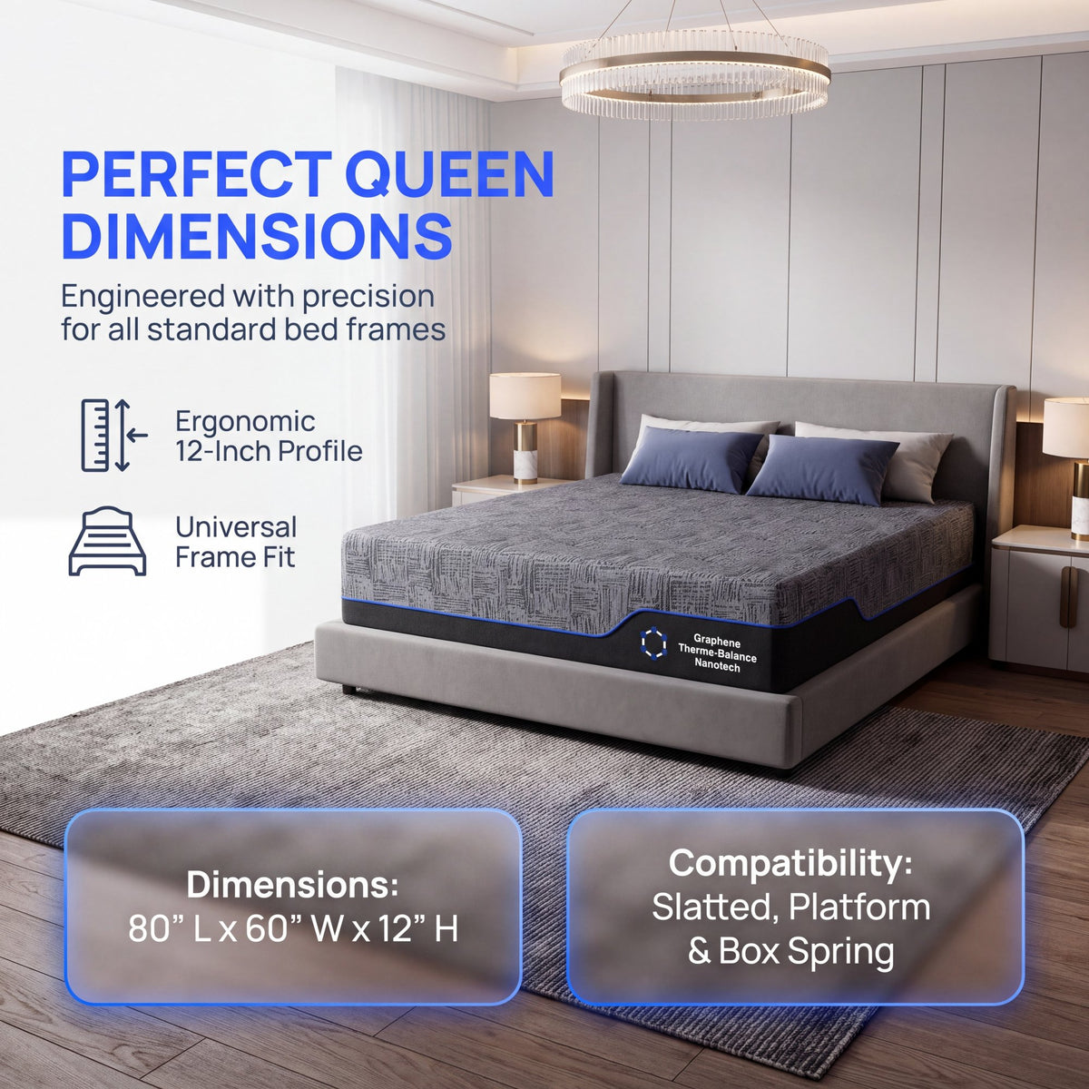 CHITOOMA 12" Queen Memory Foam Mattress,Gel-Infused Triple Layer Mattress with Graphene Cooling Cover,Medium Firm Bed Mattress for Pressure Relief & Motion Isolation,Dark Gray