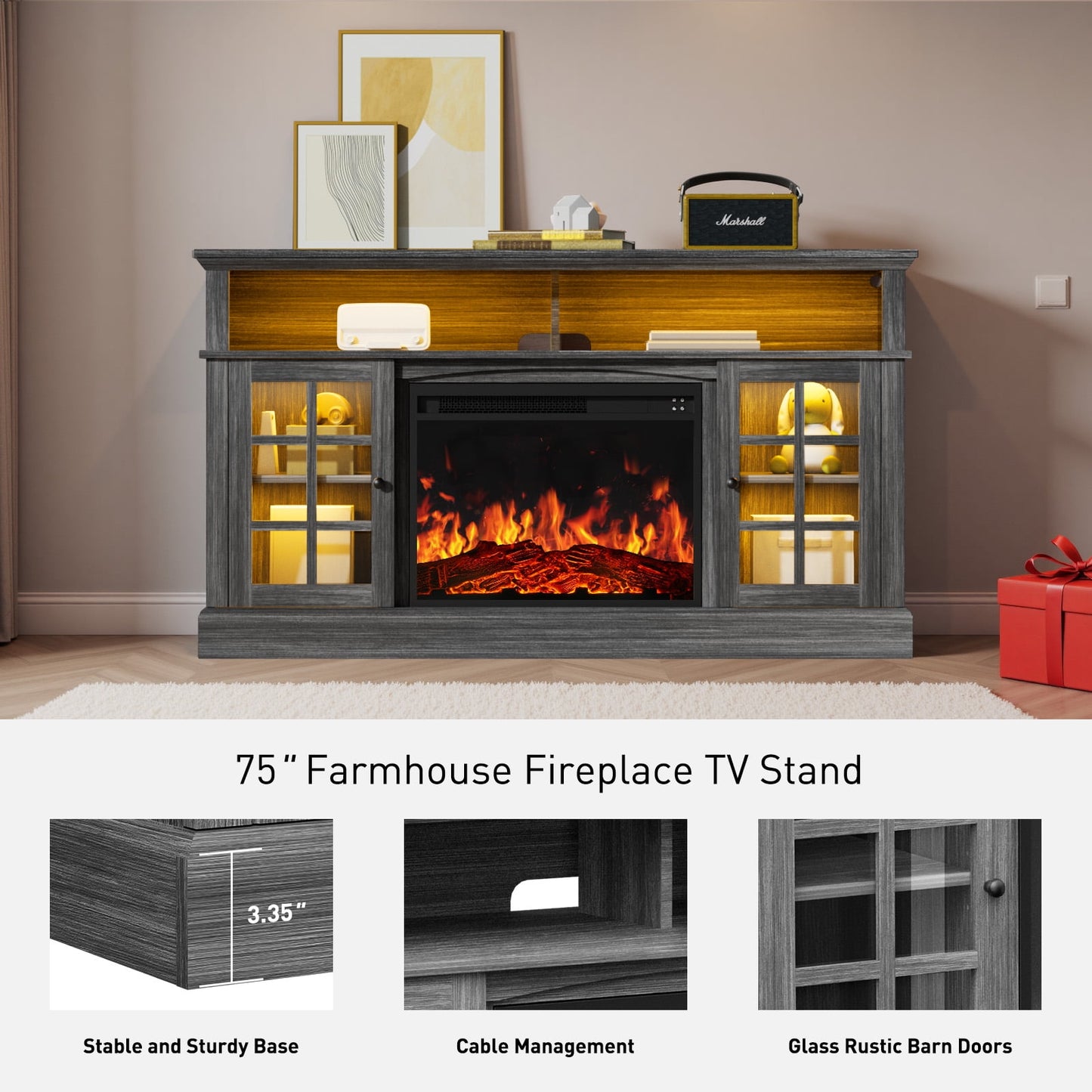 Electric Fireplace TV Stand up to 75" TVs, Farmhouse Entertainment Center with LED Light and 23" Fireplace for Living Room, Gray