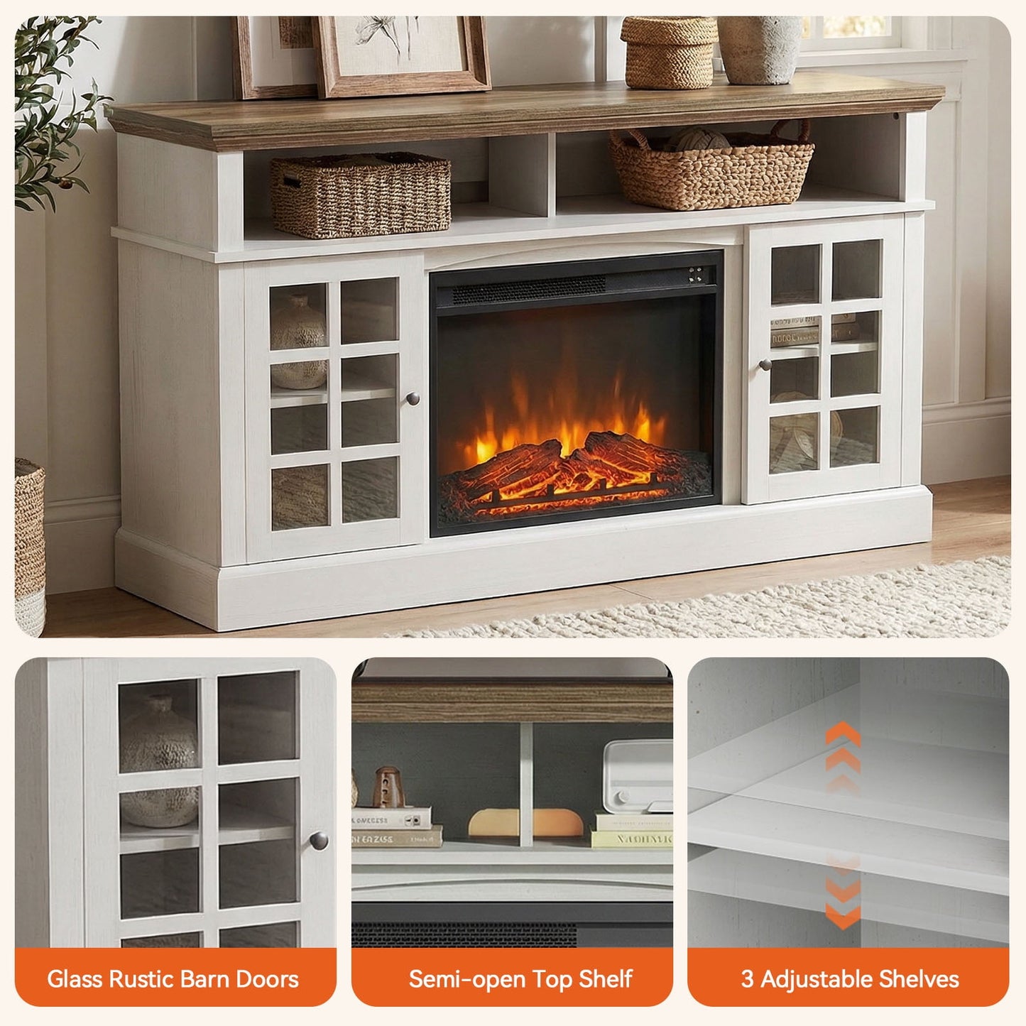 Electric Fireplace TV Stand up to 75" TVs, Farmhouse Entertainment Center wiht 23" Fireplace for Living Room, White
