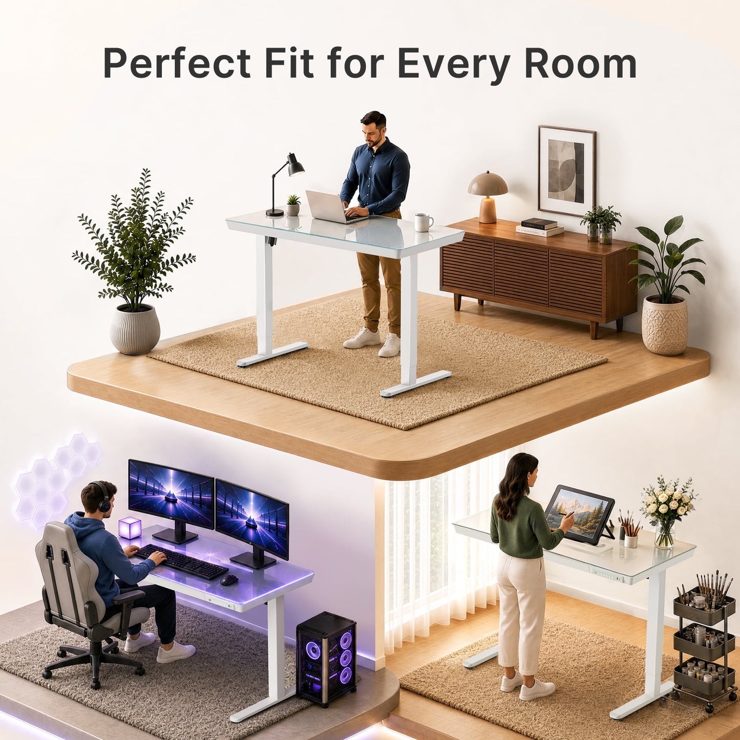 CHITOOMA Glass Top Electric Standing Desk with Drawer, 48'' x 24'' Electric Height Adjustable Desk with USB Charging Ports, Sit Stand up for Home Office