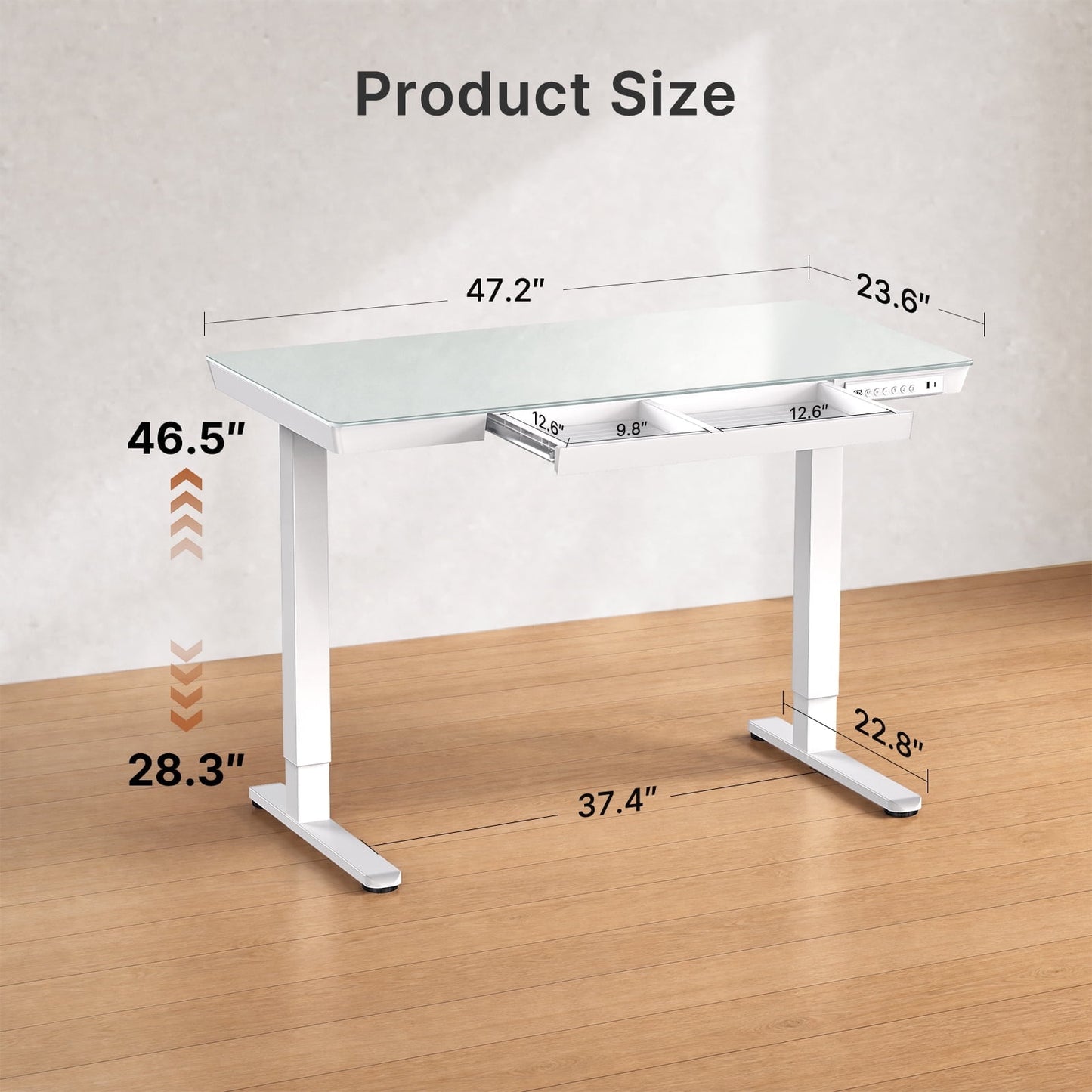 CHITOOMA Glass Top Electric Standing Desk with Drawer, 55'' x 28'' Electric Height Adjustable Desk with USB Charging Ports, Sit Stand up for Home Office