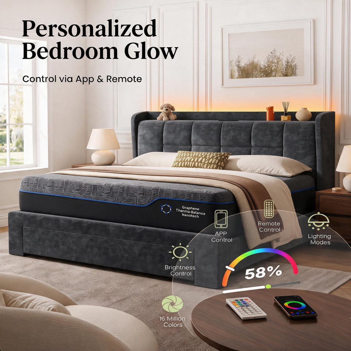 CHITOOMA 2 Piece Bedroom Furniture Set,Queen Bed Frame & 12" Memory Foam Mattress,Upholstered Platform Bed with Storage Drawers,RGB LED Headboard,Charging Station,Gray