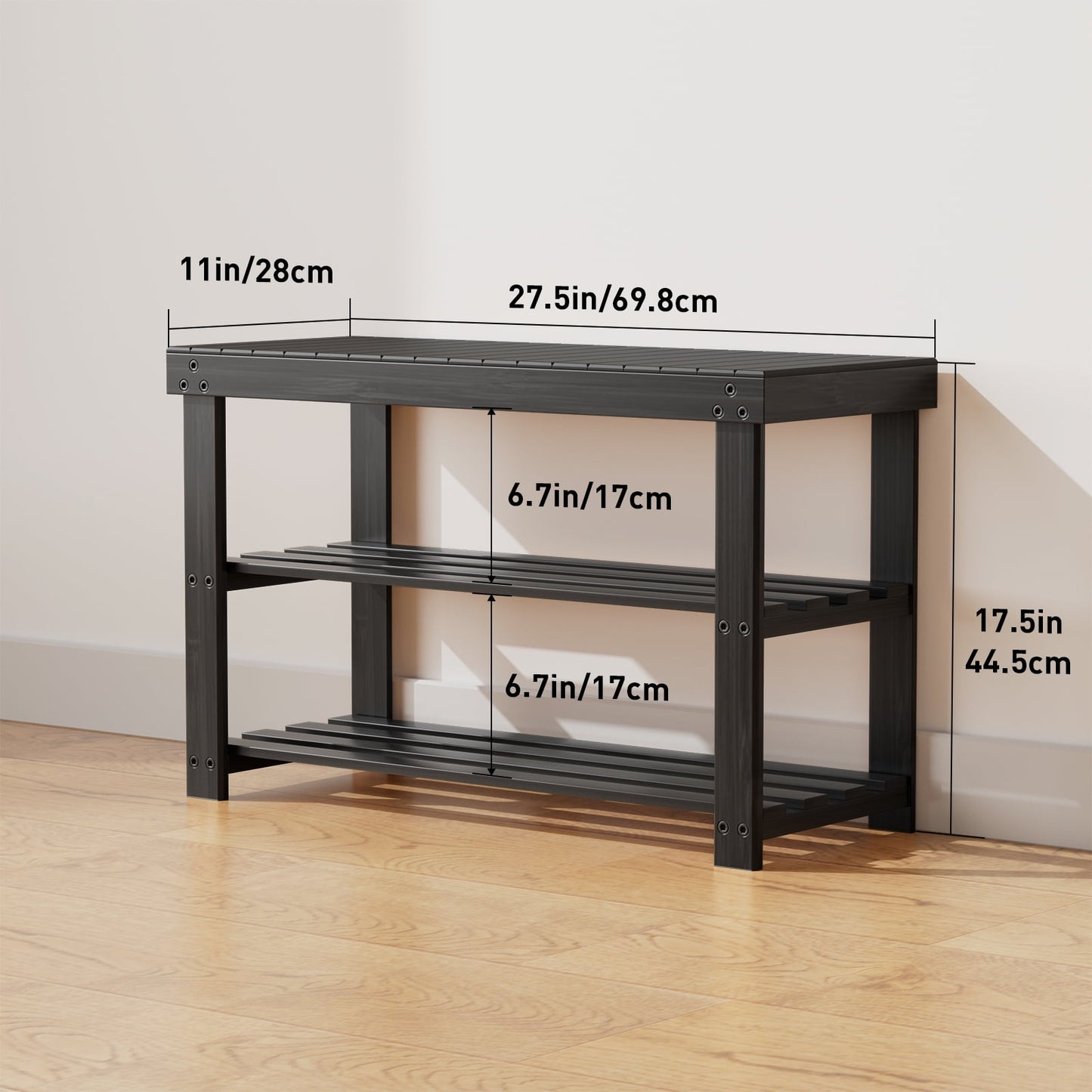 CHITOOMA 3-Tier Bamboo Shoe Storage Bench for Entryway, Wood Hallway Shoe Rack Shoe Organizer Shelf for Living Room Bedroom, 11"D x 27.5"W x 17.5"H, Black