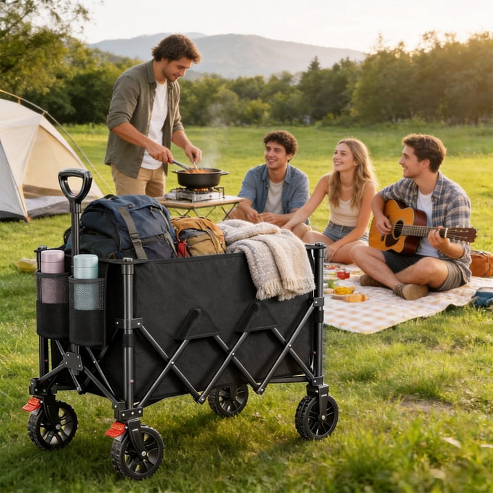 CHITOOMA Wagon Cart Foldable, 350LBS Collapsible Wagon, 160L Large Capacity Utility Cart with Side Pocket for Camping, Shopping & Outdoor Activities
