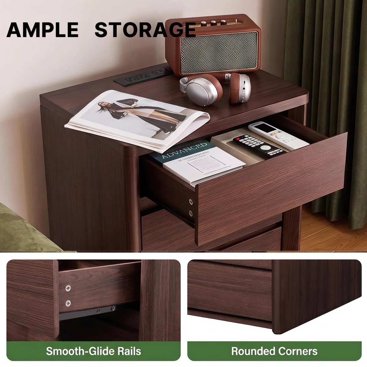 CHITOOMA 24.8" Nightstand Set of 2 with Charging Station for Bedroom, Walnut