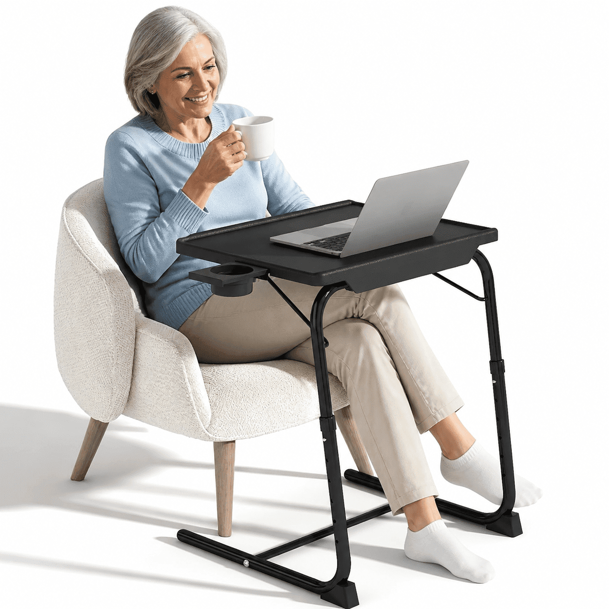 CHITOOMA TV Tray Table with 3" Cup Holder, Adjustable TV Dinner Tray for Eating, 6 Heights & 3 Tilt Angles, Up to Hold 50 lbs, Black