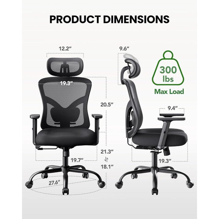 BESTERGO Ergonomic Office Chair with Adjustable Lumbar Support, 2D Headrest, Height-Adjustable Armrests, Reclining Backrest, Thick Seat Cushion, Rolling Desk Chair for Home Office