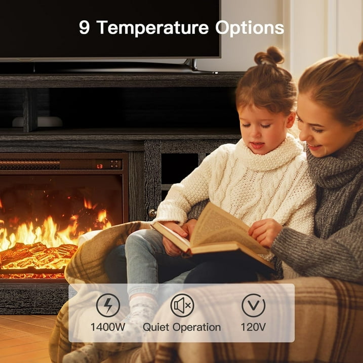 CHITOOMA 1400W Electric Fireplace TV Stand TV Console with 23″ Fireplace for up to 75 inch TVs with Adjustable Shelves, Black