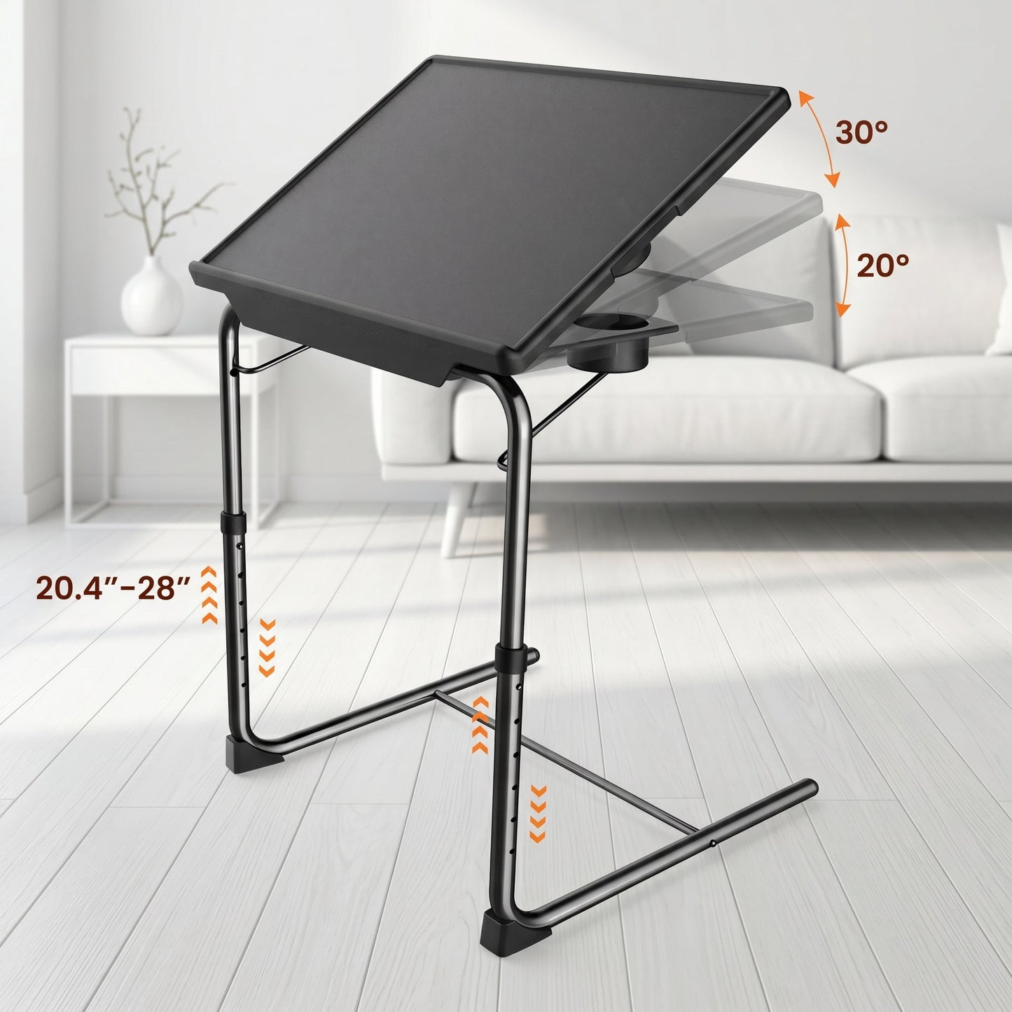 CHITOOMA TV Tray Table with 3" Cup Holder, Adjustable TV Dinner Tray for Eating, 6 Heights & 3 Tilt Angles, Up to Hold 50 lbs, Black