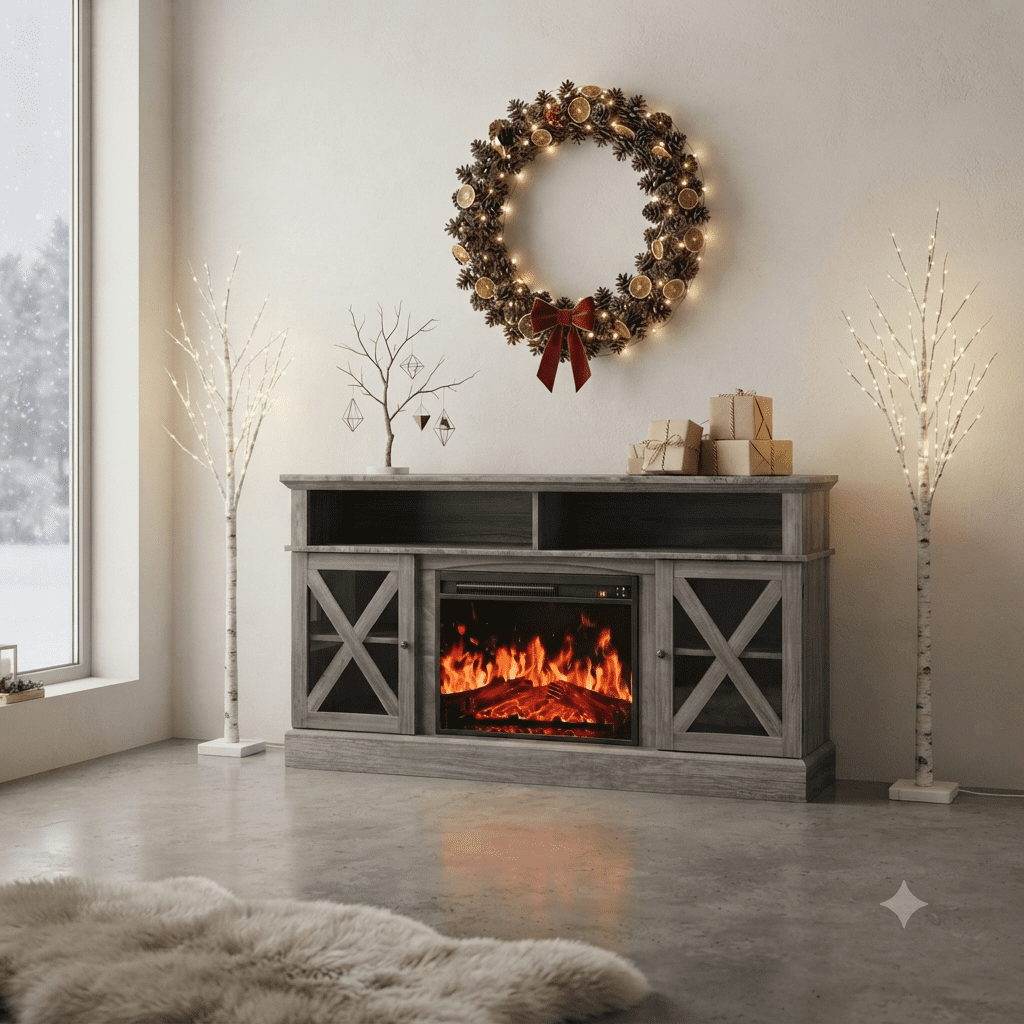 Electric Fireplace TV Stand for 75 inch TVs Farmhouse TV Console with 23″ Fireplace, Gray