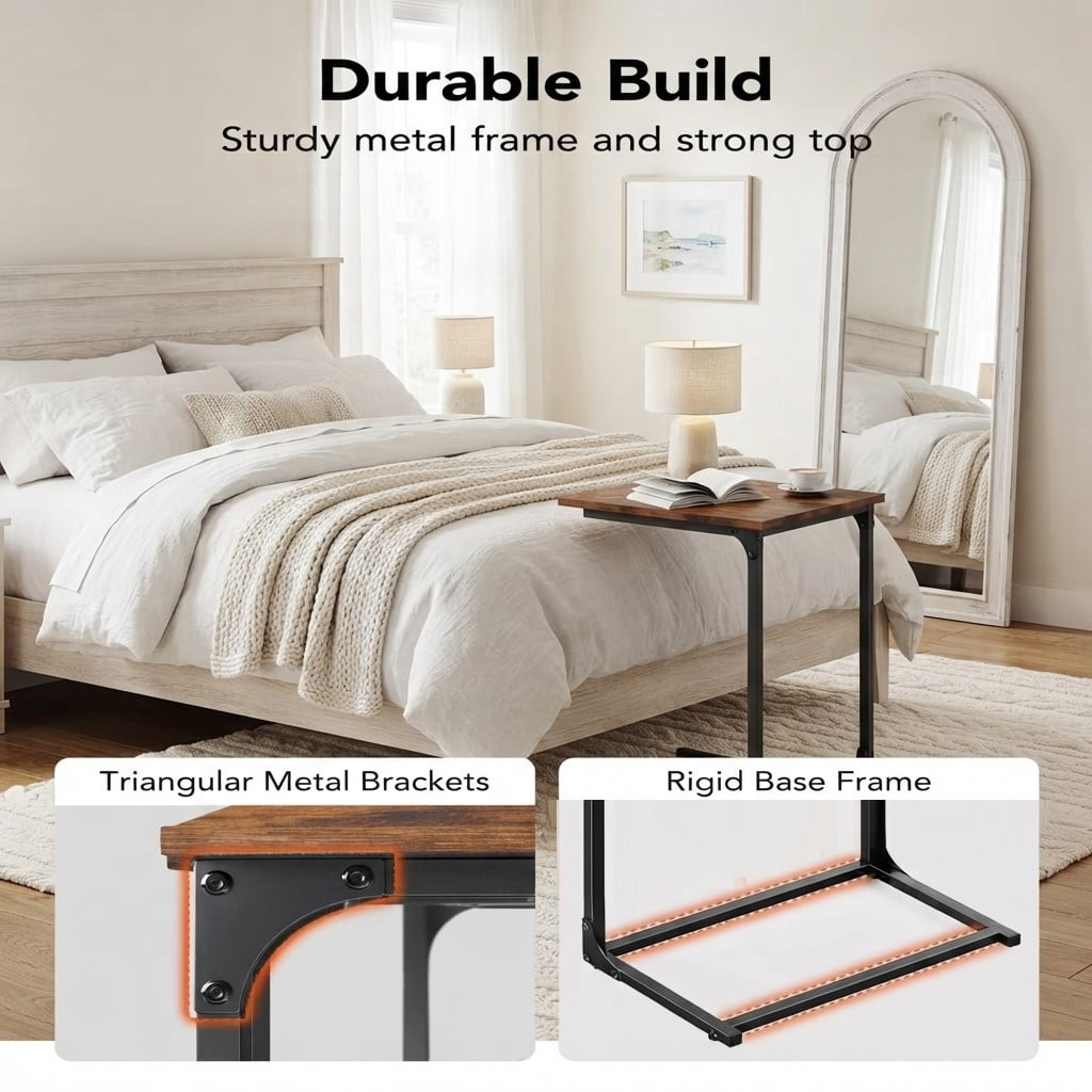 C Shaped End Sofa Table, Widened Vintage End Table Side Table for Living Room, Bedroom, 27"(H) x 21.1"(W) x 11.4"(D), Brown