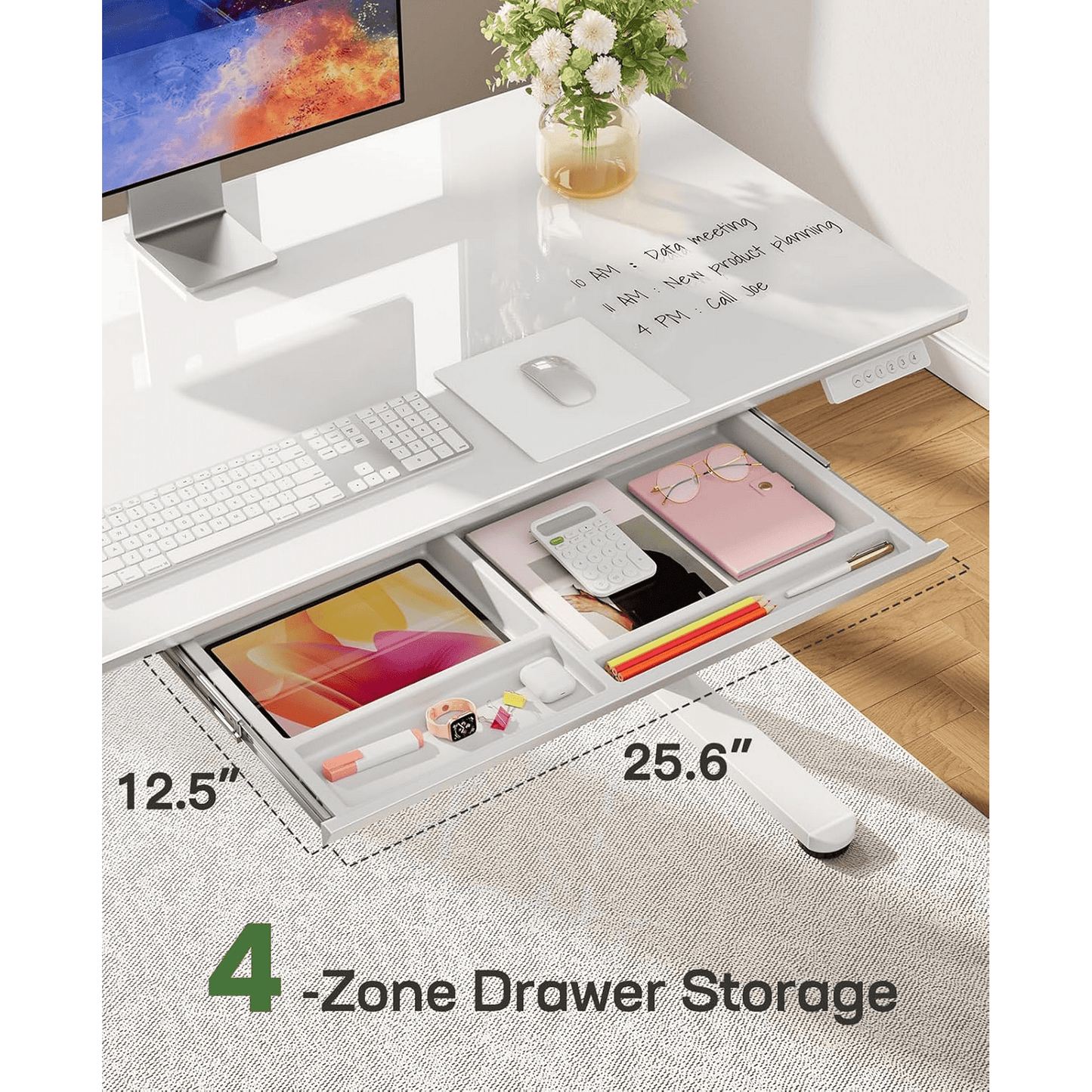 CHITOOMA Glass Electric Standing Desk with Drawer, 55 x 28 Inches Height-Adjustable Desk, One-Piece Tempered Glass Top, Ergonomic Home Office Sit Stand Desk with 4 Preset Heights, White