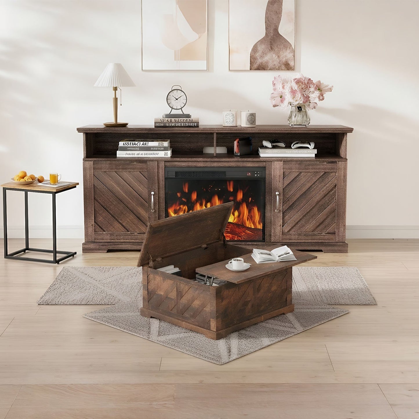 CHITOOMA 75" Fireplace TV Stand, Coffee Table and C Shaped End Table Combo, Farmhouse Entertainment Center with 23" Electric Fireplace for Living Room, Bedroom, Vintage Brown