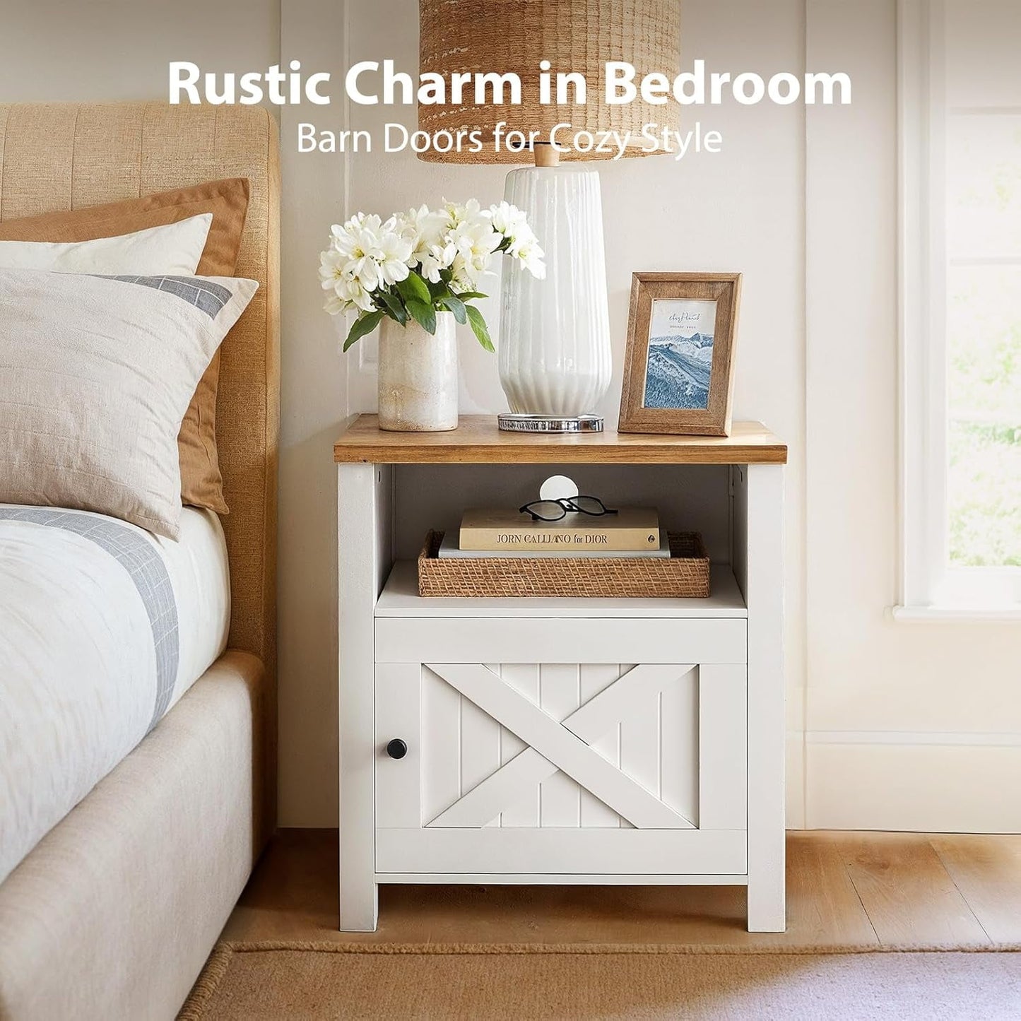 CHITOOMA Farmhouse Nightstands, Bedside Tables with Storage Cabinet, Open Shelf, Built-In USB and Power Outlets, White and Brown