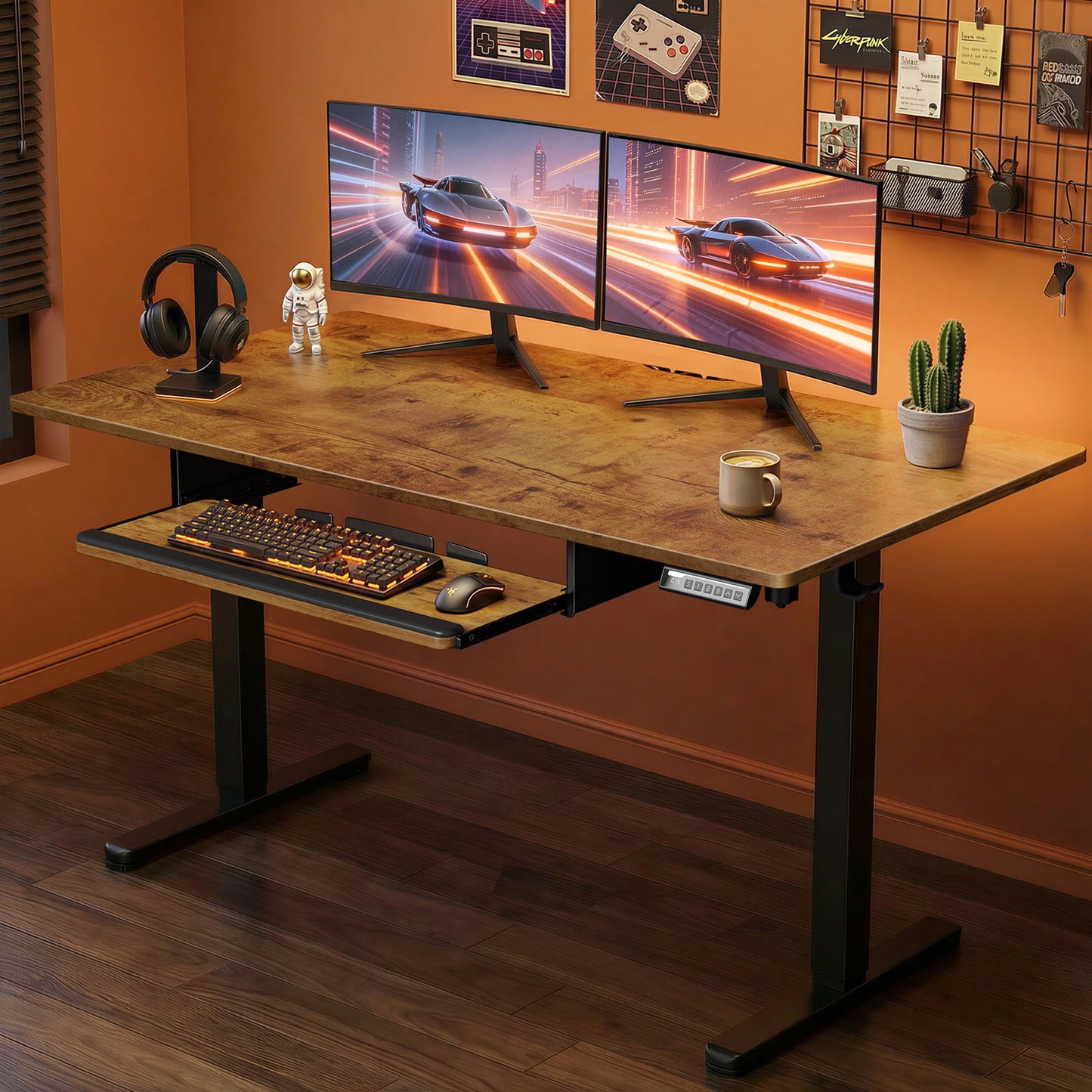 55" x 24" Electric Standing Desk with Keyboard Tray, Height Adjustable Sit Stand up Desk with Headphone Hook & 4 Height Memory Pre-Set for Home Office, Rustic Brown