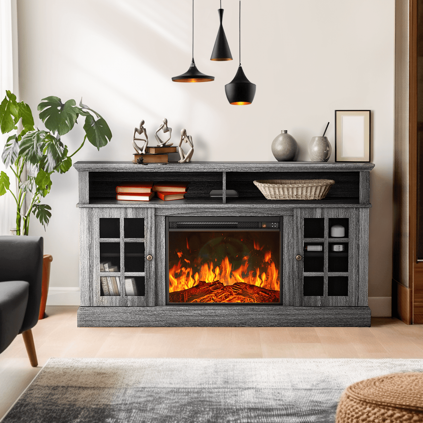 Electric Fireplace TV Stand for 75″ TVs Fireplace Entertainment Center TV Console Table with 23″ Fireplace, Holds up to 200 lbs