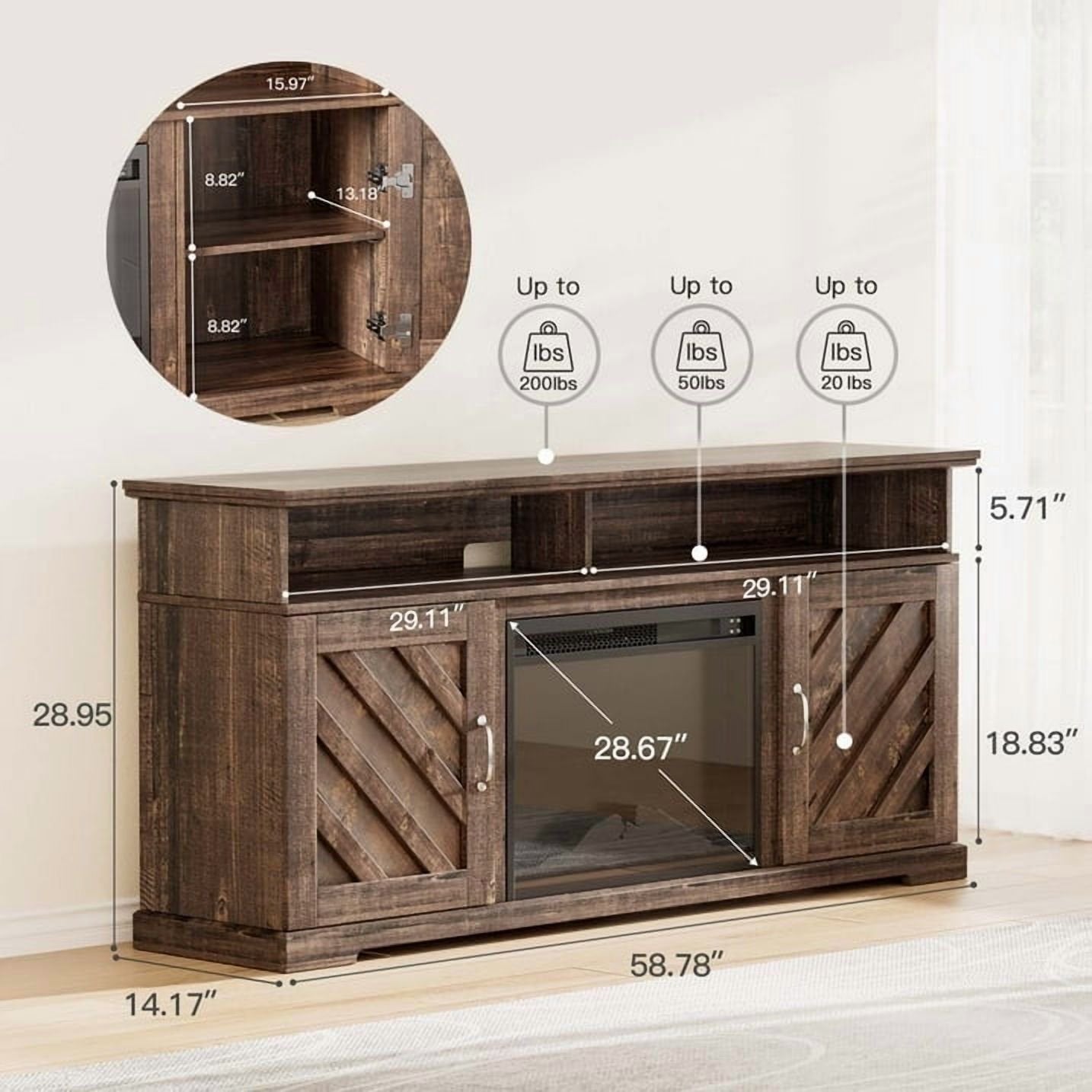 CHITOOMA 75" Fireplace TV Stand and C Shaped End Table Combo, Farmhouse Entertainment Center with 23" Electric Fireplace for Living Room, Bedroom, Vintage Brown
