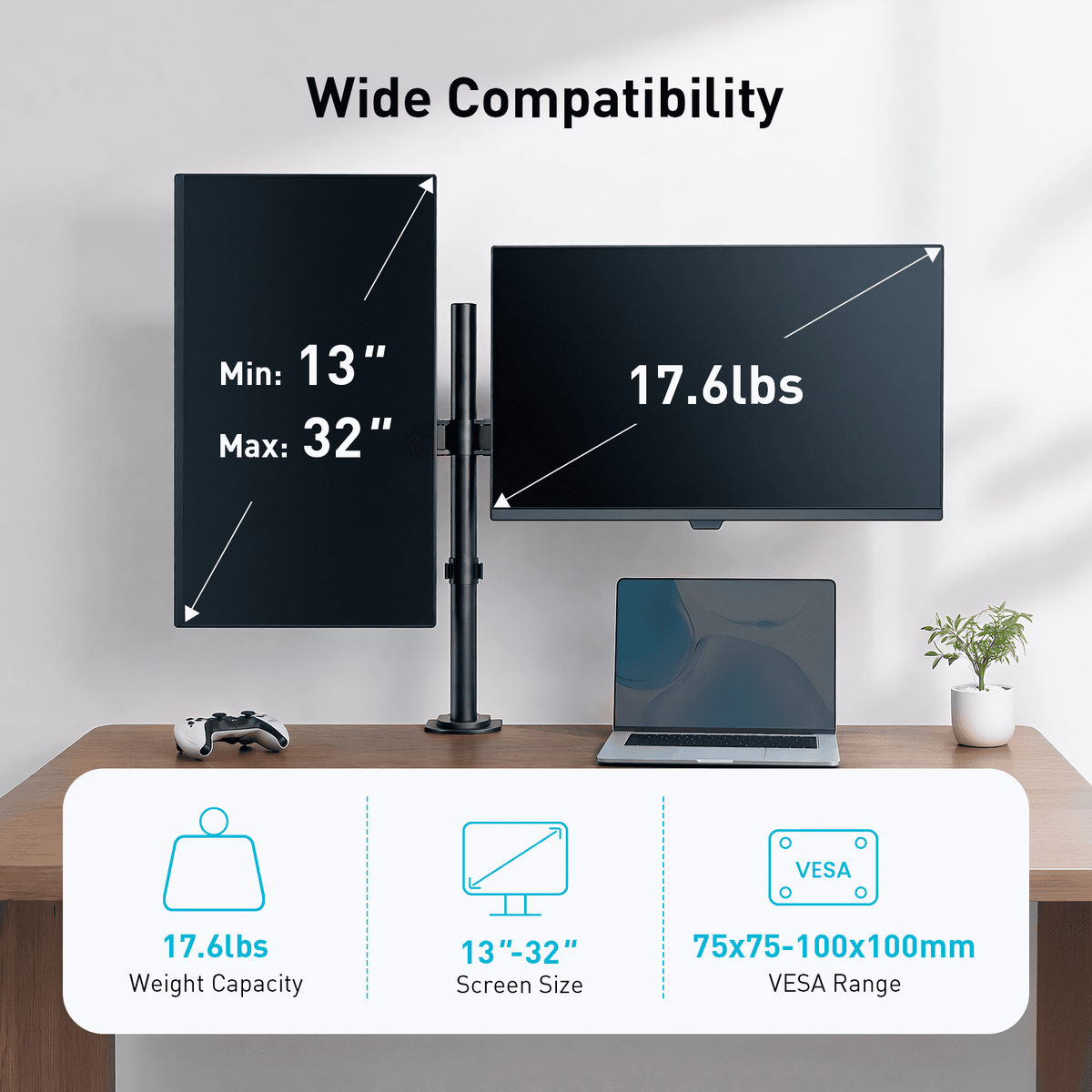 Dual Monitor Stand for 13 to 32 Inch Screens, Desk Mount with C-Clamp, Each Arm Holds 17.6 lbs, Double Monitor Mount Full Motion Adjustability for Height, Swivel, Tilt, and Rotation, Max 100x100mm