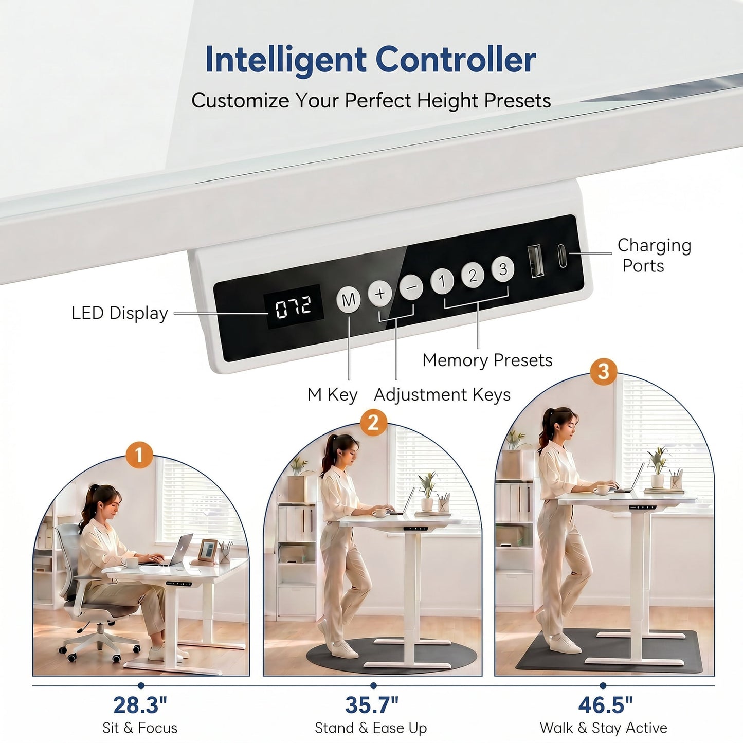 CHITOOMA Glass Top Electric Standing Desk with Drawer, 48'' x 24'' Electric Height Adjustable Desk with USB Charging Ports, Sit Stand up for Home Office