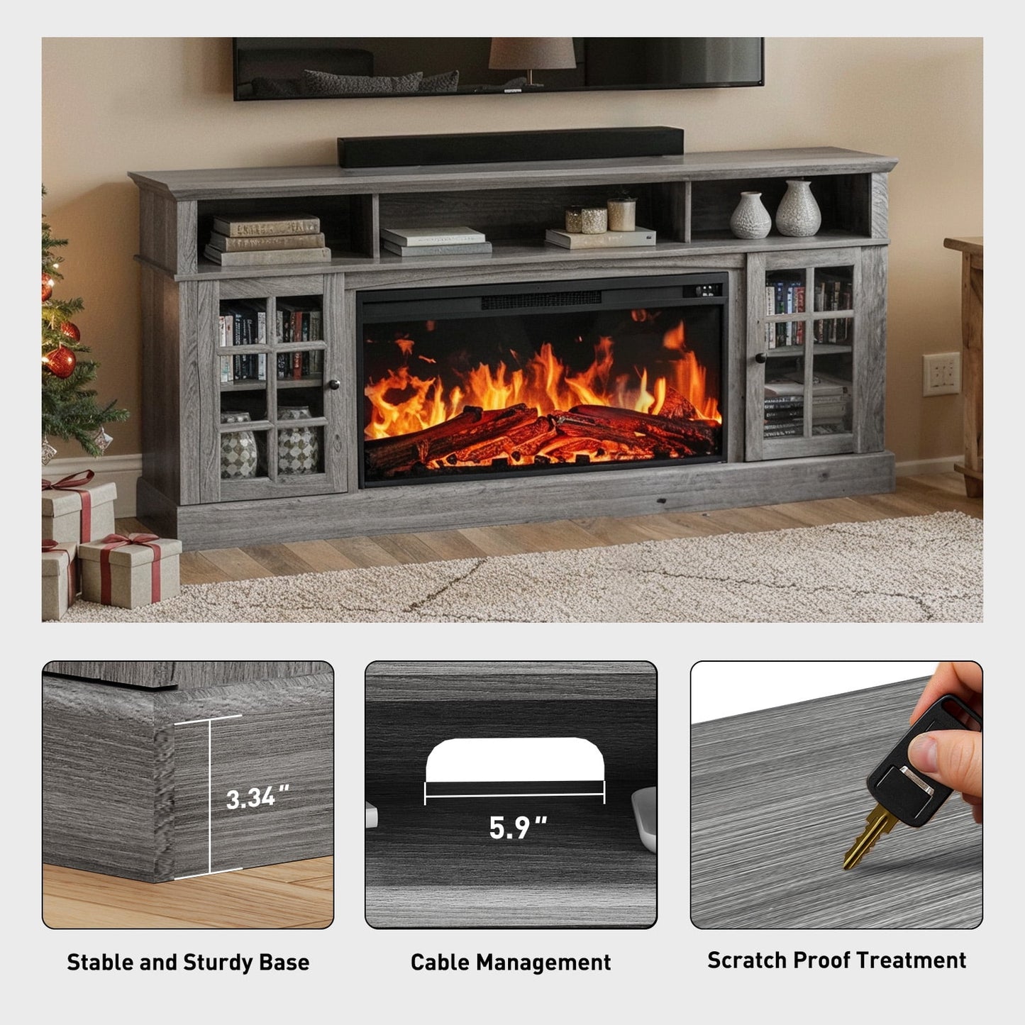 Electric Fireplace TV Stand up to 85" TVs, Farmhouse Entertainment Center wiht 36" Fireplace for Living Room, Gray