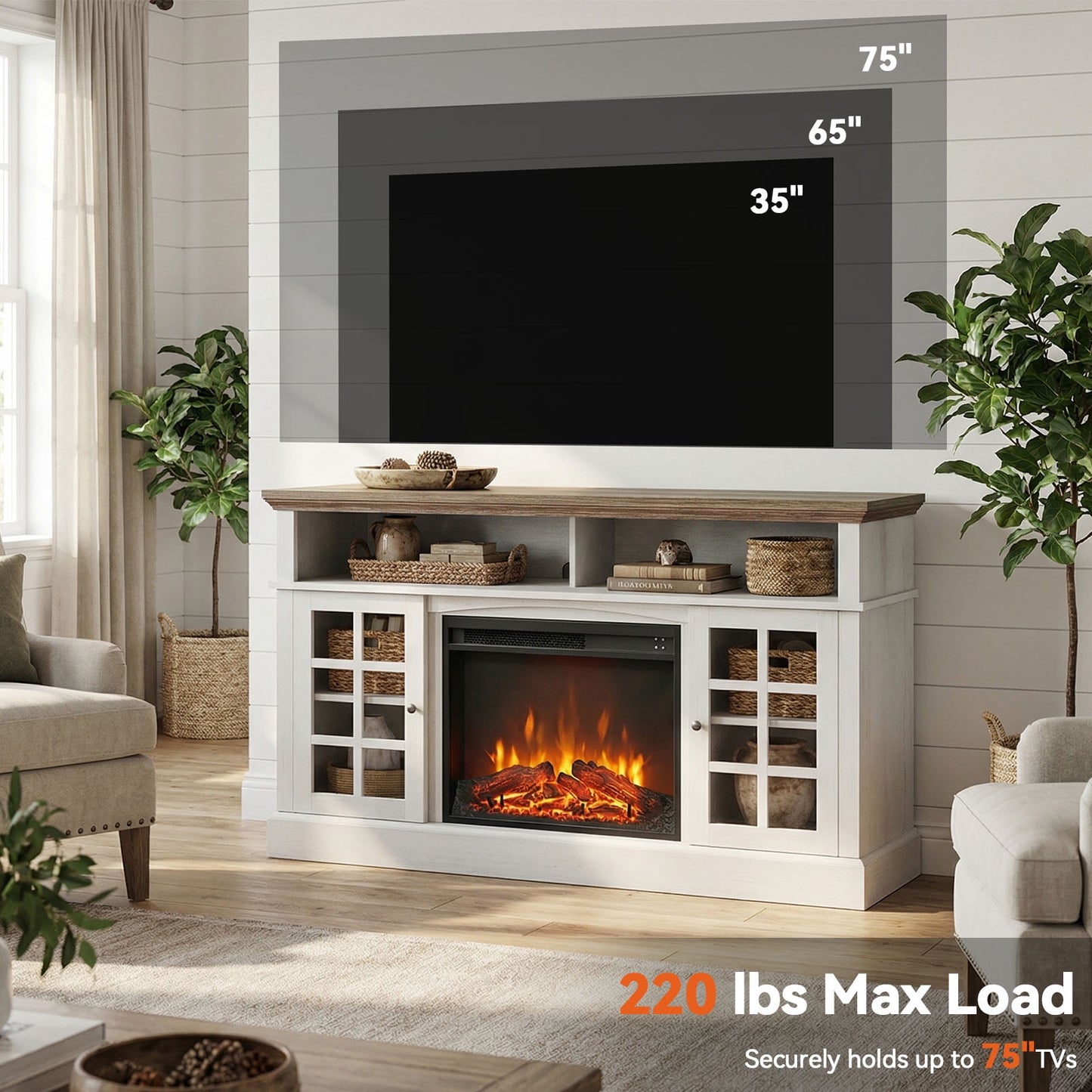 Electric Fireplace TV Stand up to 75" TVs, Farmhouse Entertainment Center wiht 23" Fireplace for Living Room, White